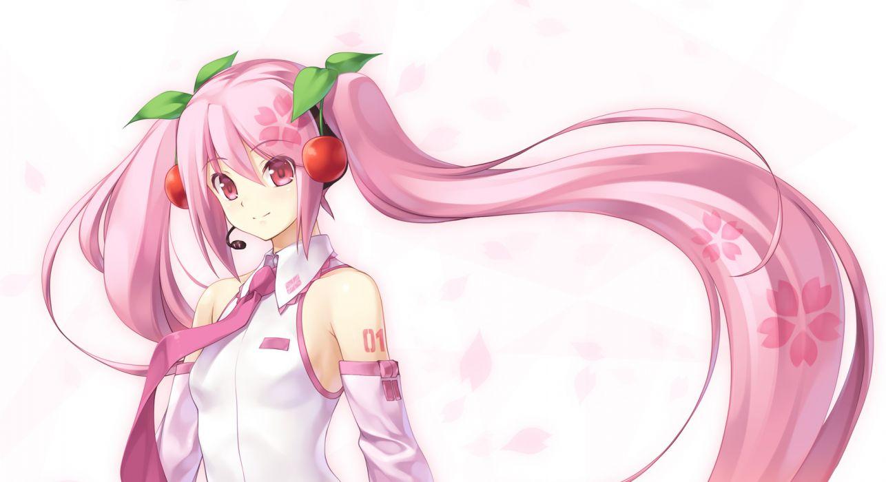 1286x700 Headphones long hair petals pink eyes pink hair sakura miku tie