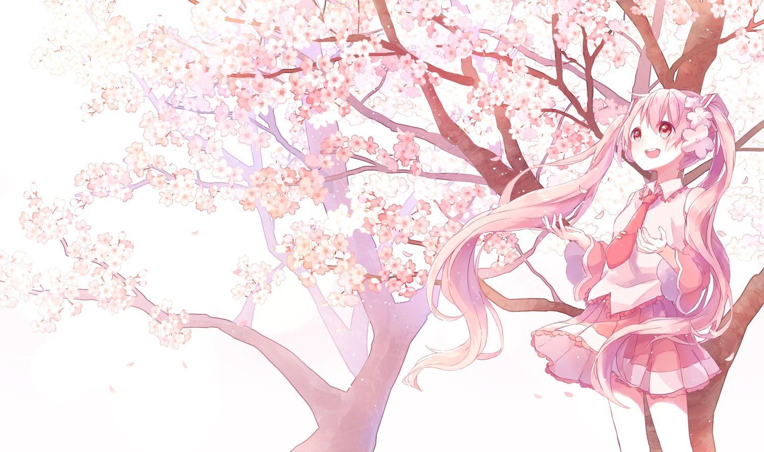1500x887 cherry blossoms flowers hatsune miku long hair pink eyes pink hair