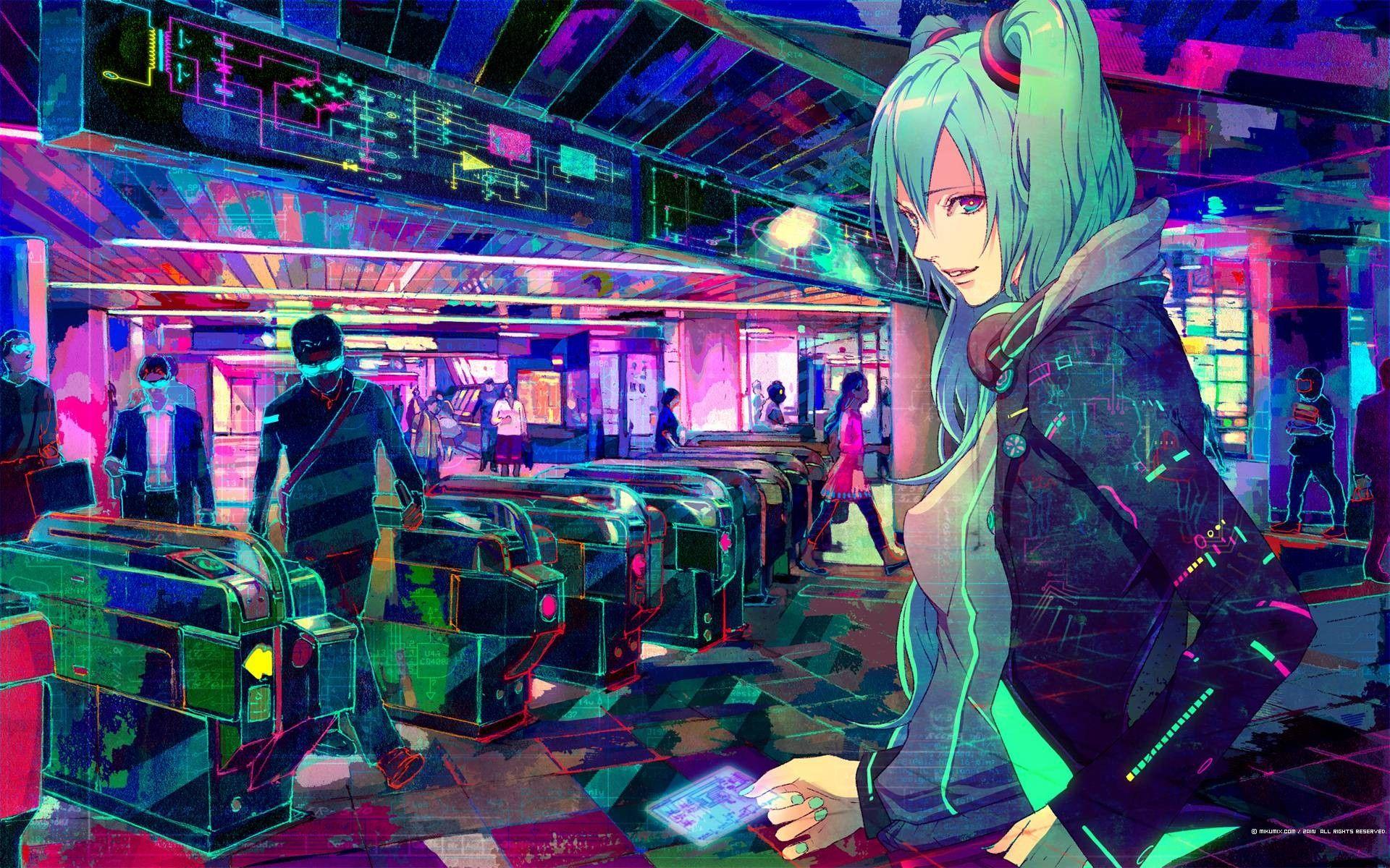 1920x1200 cyberpunk, Headphones, Vocaloid, Train Station, Pink, Hatsune Miku