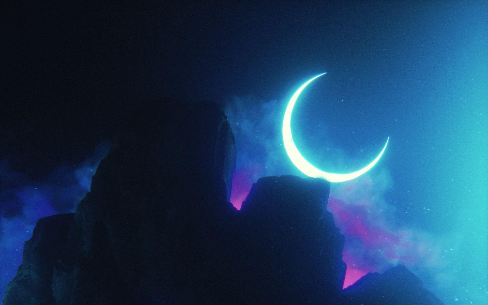 1920x1200 Download wallpaper 1920x1200 rock, neon, smoke, moon, light