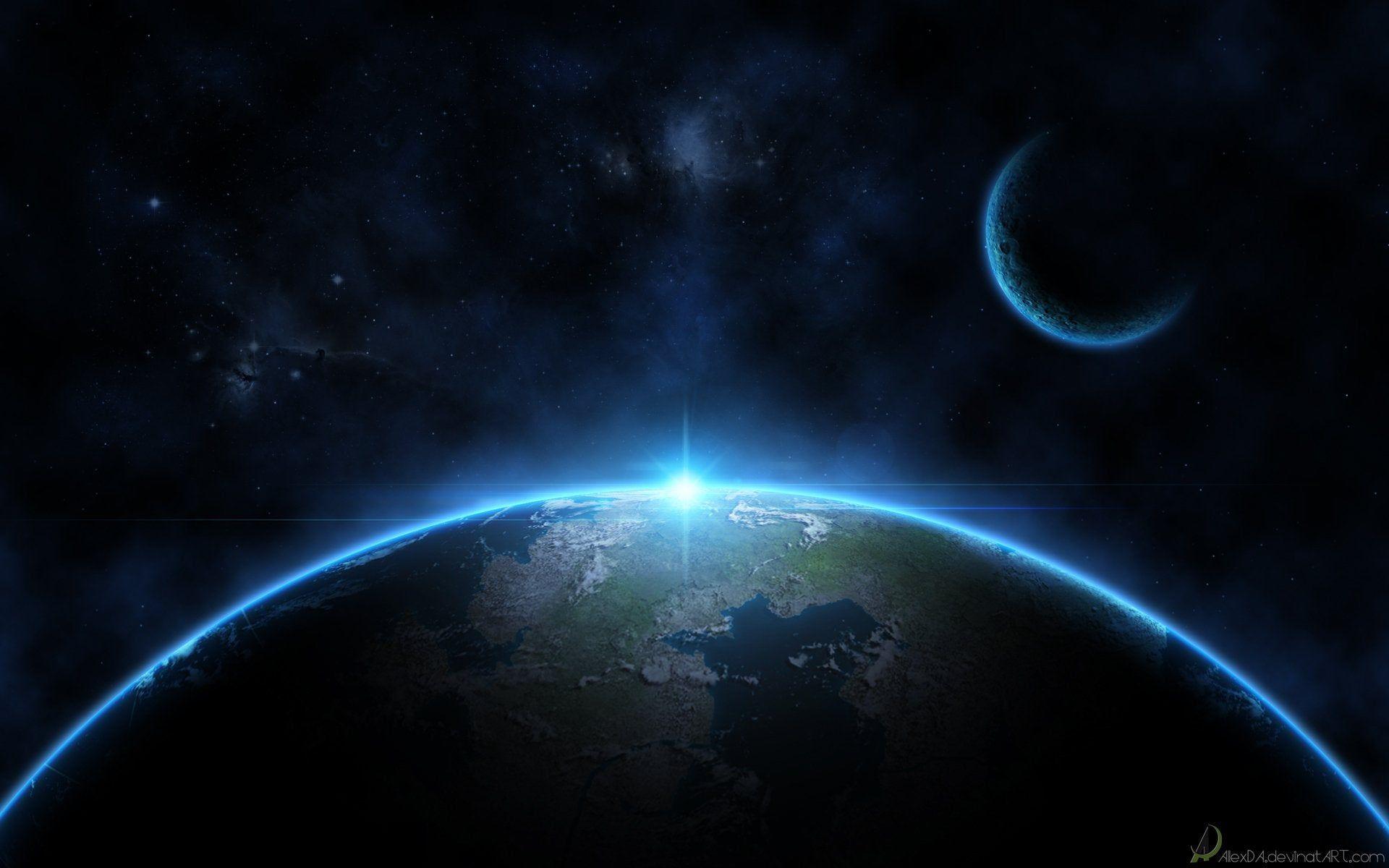 1920x1200 Bright sun upside the blue shad planet presented nature 1920x1200
