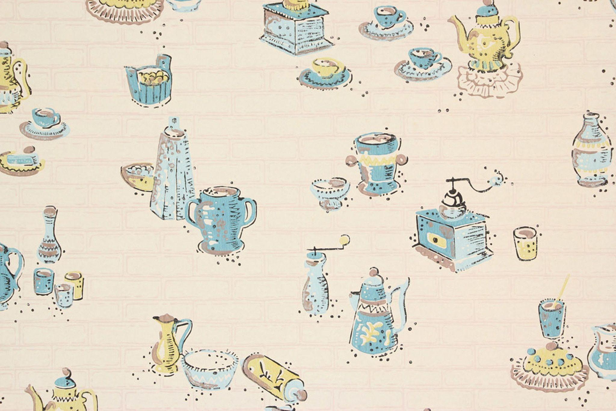 2048x1366 1940s Vintage Wallpaper Yellow and Blue Kitchen's Vintage
