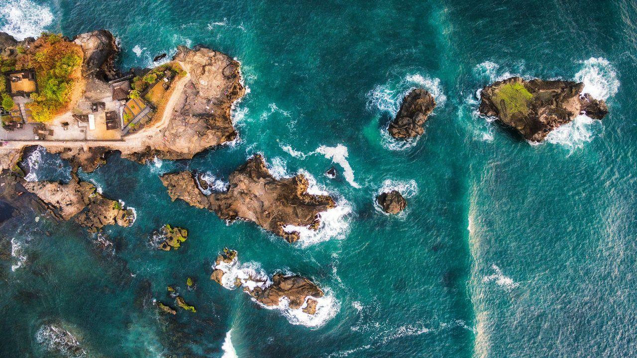 1280x720 Wallpaper Island, Rocks, Bali, Indonesia, Aerial view, Drone photo