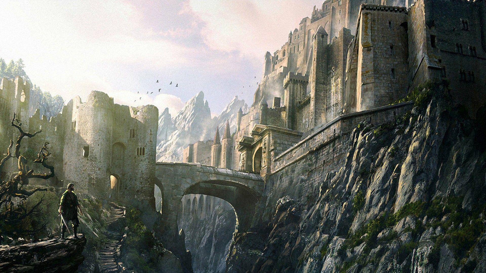 1920x1080 castles, trees, cityscapes, rocks, bridges, buildings, digital art