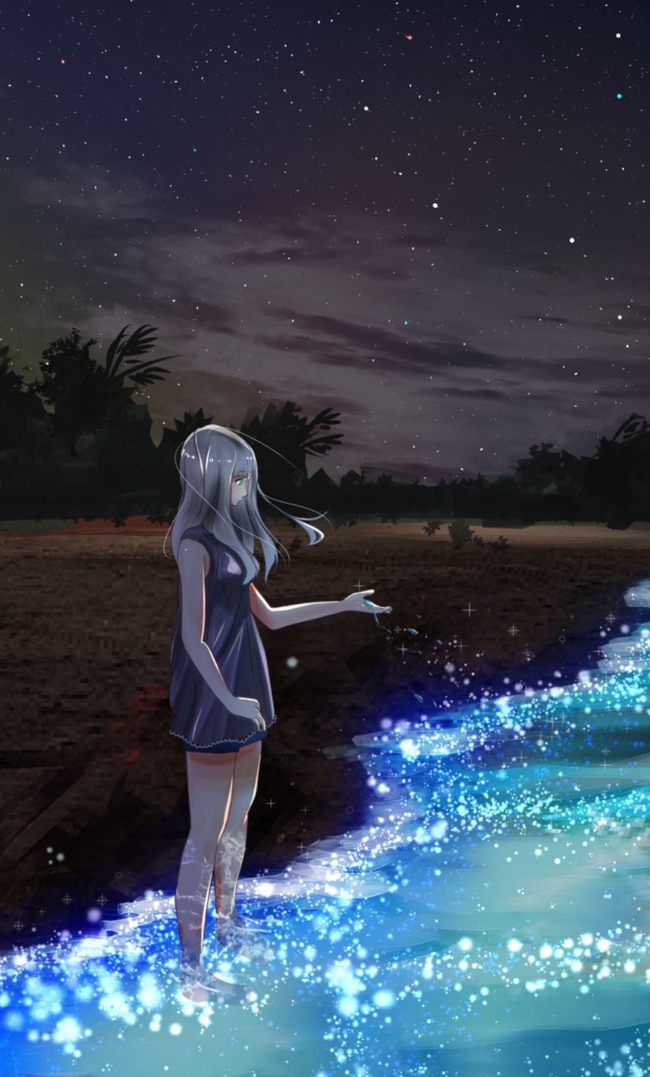 1280x2120 Anime Girl At Seashore Dark Moon iPhone HD 4k Wallpaper, Image, Background, Photo and Picture