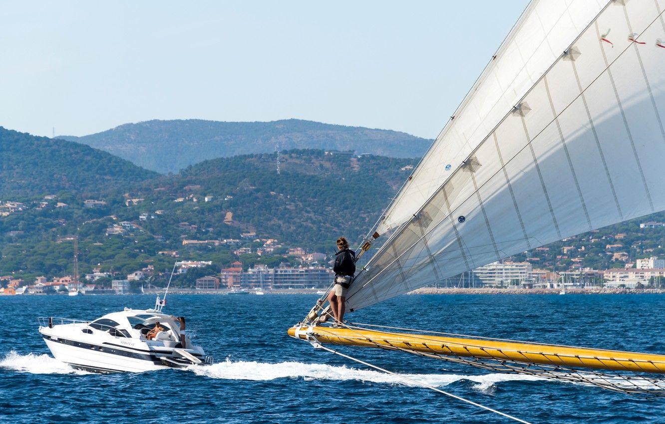 1332x850 Wallpaper sea, girl, coast, France, sailboat, boat, sail, France