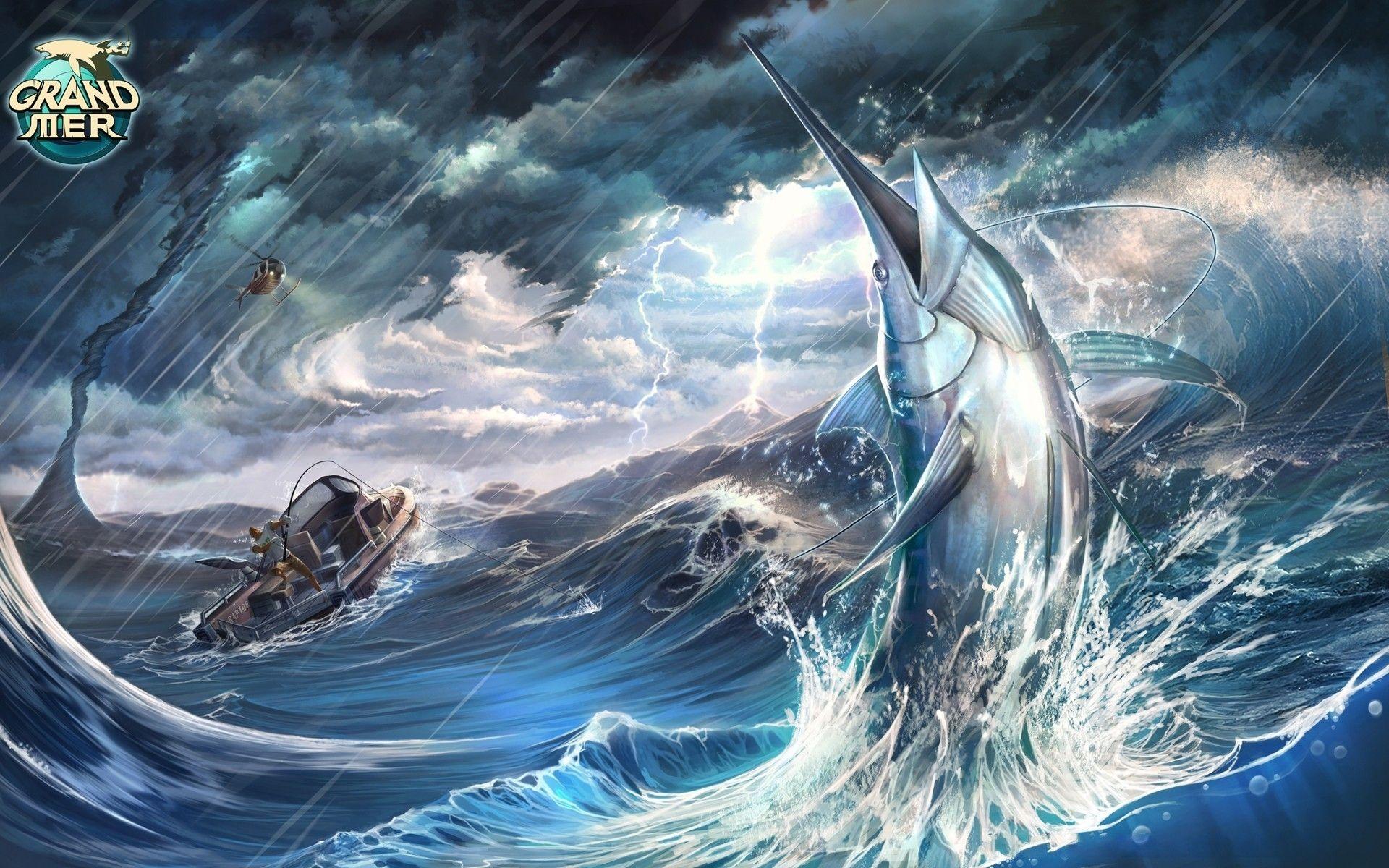 1920x1200 Fish marlin Animals storm ocean sea fishing rain wallpaperx1200