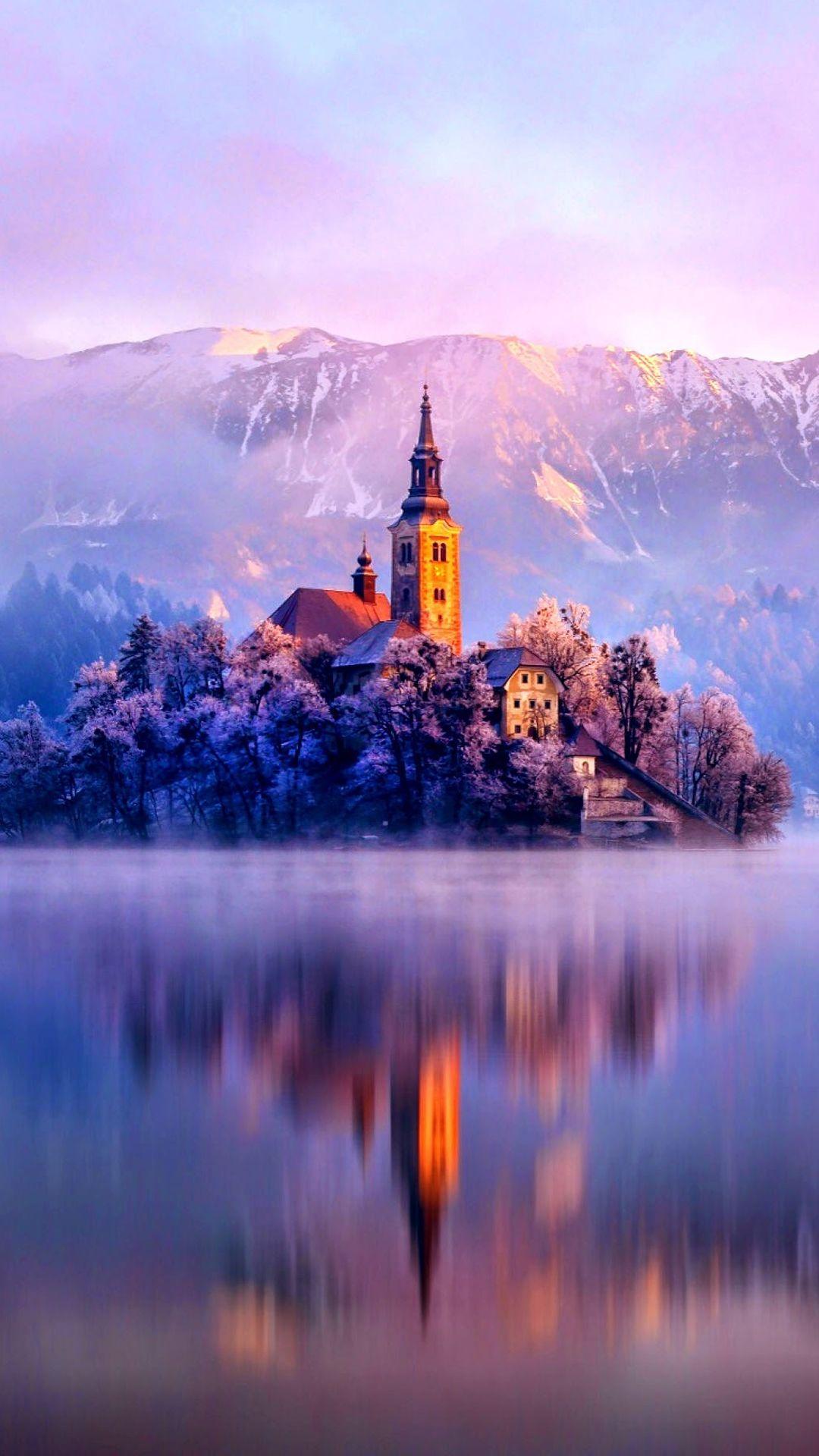 1080x1920 Lake Monastery Fortress Winter iPhone 8 Wallpaper Free Download
