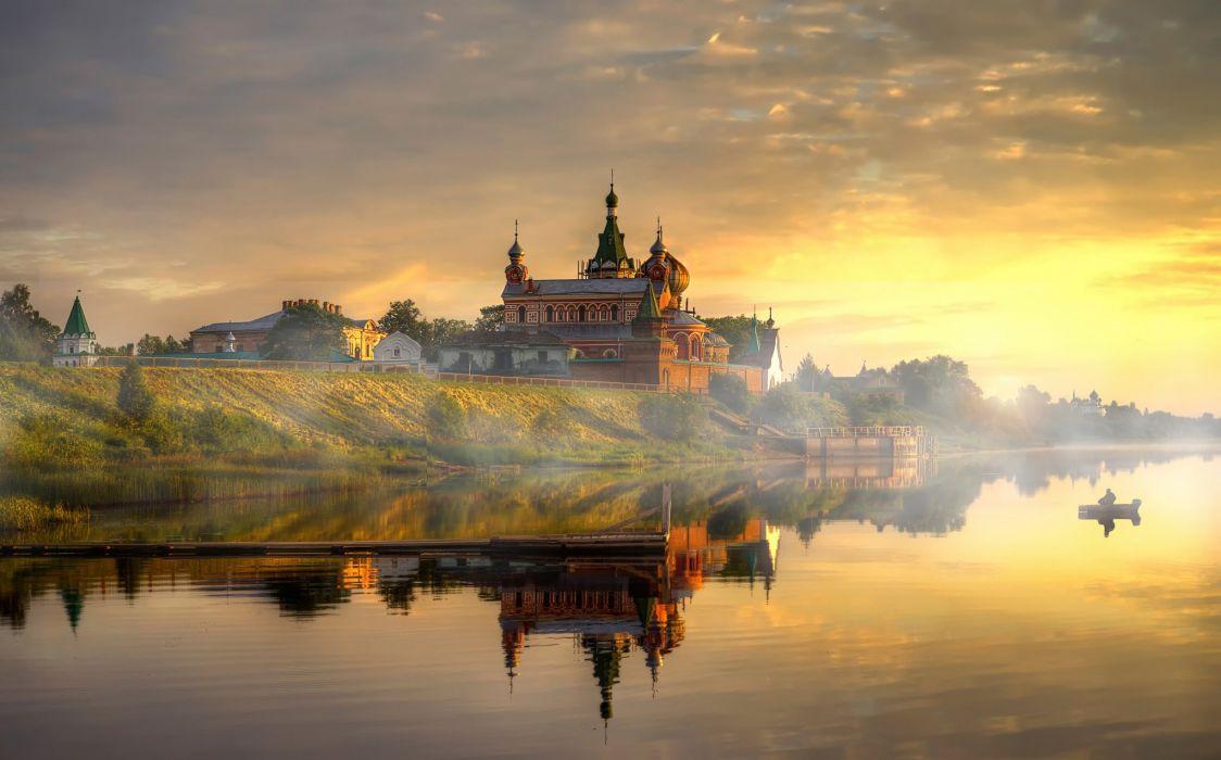 1124x700 Volkhov Nicholas Monastery lake sunset church f wallpaper