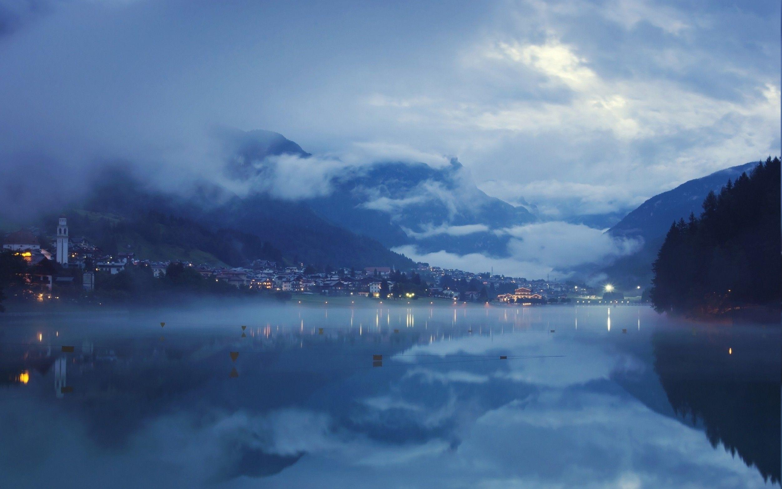 2500x1563 landscape, Blue, Lake, Nature, Mist, Clouds, Mountain, City