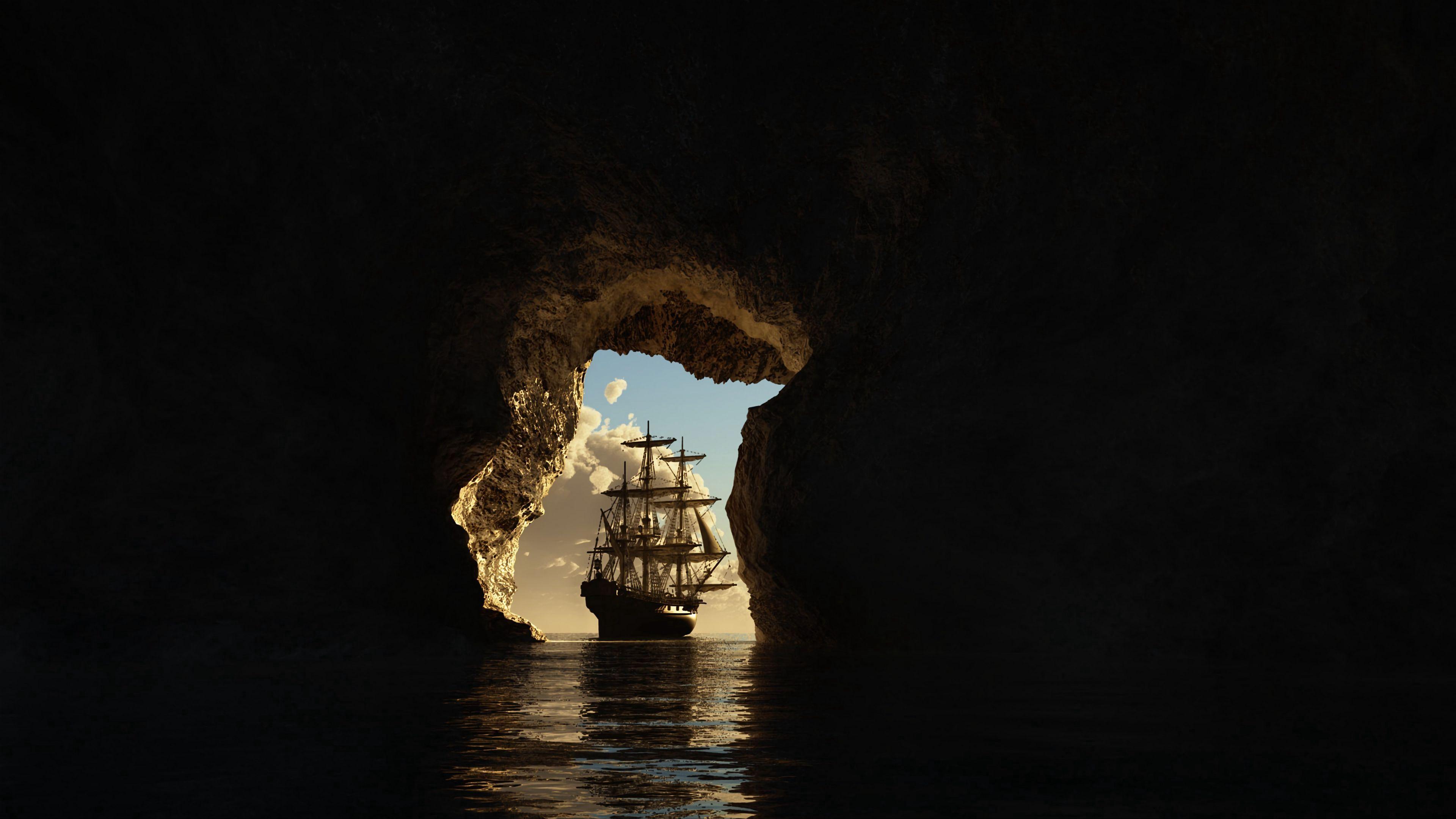 3840x2160 Download wallpaper 3840x2160 cave, ship, sea, art, dark 4k uhd 16