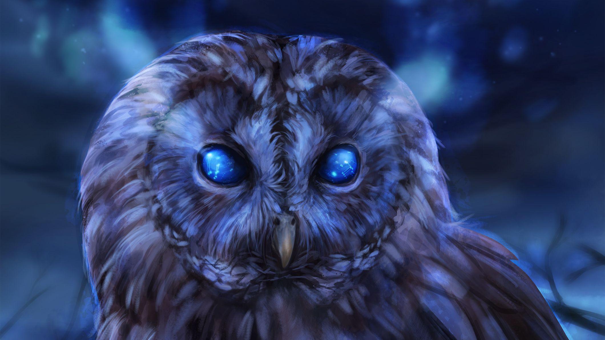 digital art female blue hair owl