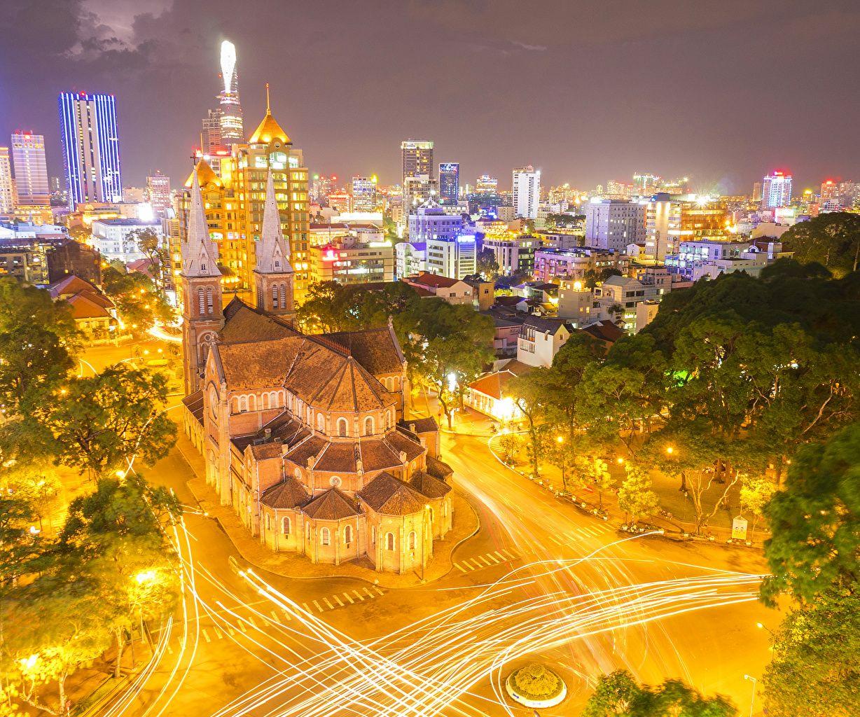 1228x1024 Image Vietnam Saigon Roads Night Street lights Cities Houses