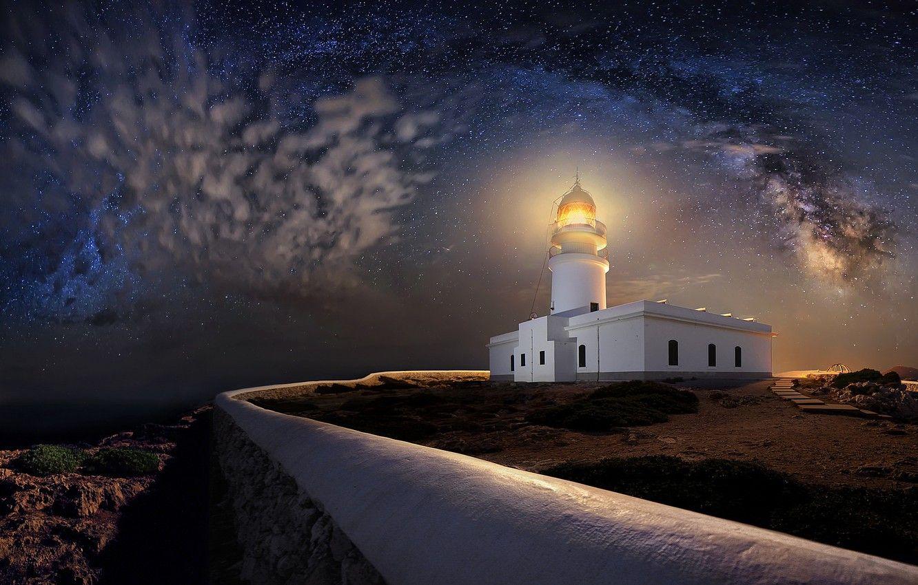 1332x850 Wallpaper night, lighthouse, stars, Spain, Spain, Balearic Islands