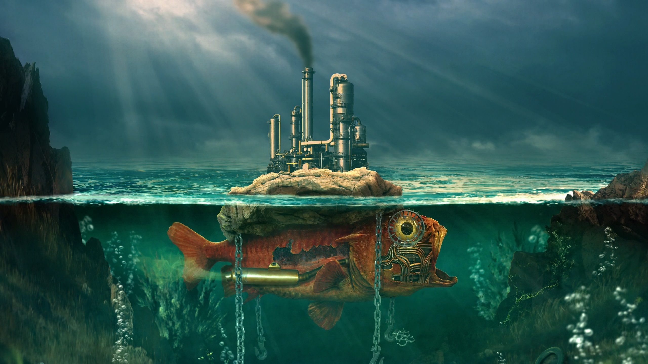 2560x1440 Wallpaper Fish, factory, sea, smoke, creative design 2560x1600 Picture, Image