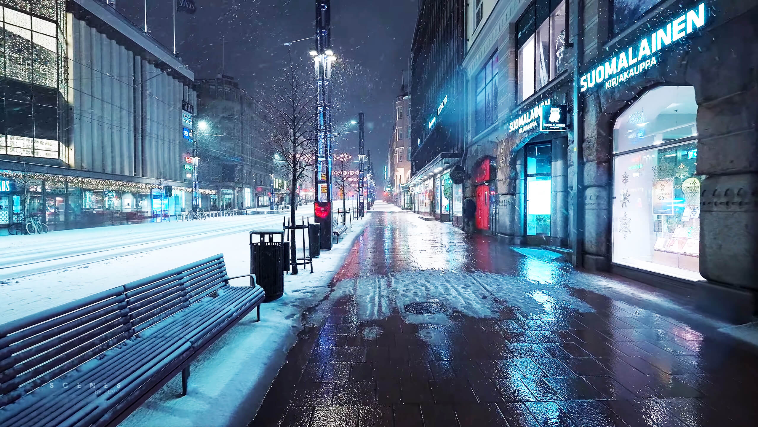2558x1440 Snowfall Night Walk in Central Tampere, Finland