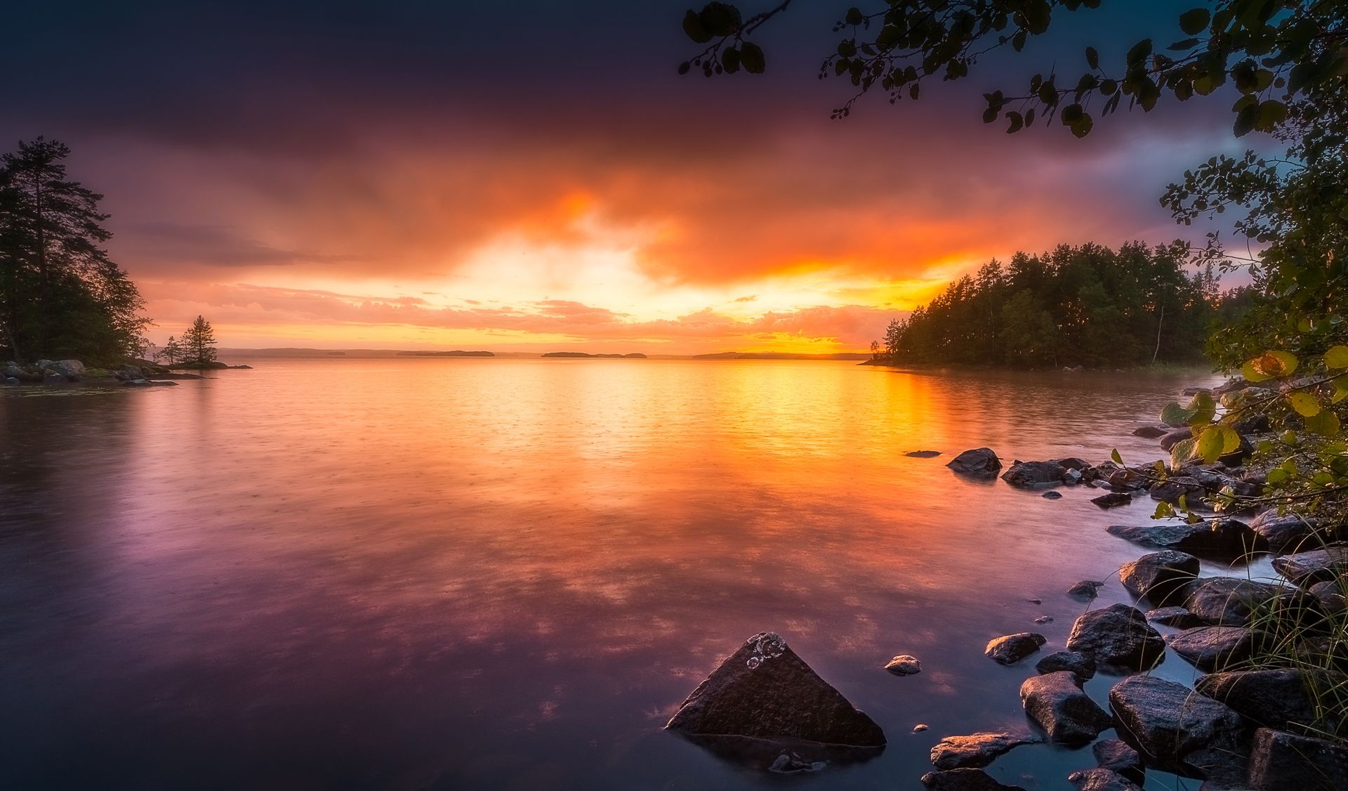 1920x1126 Wallpaper trees, sunset, lake, stones, Finland, Finland, Tampere, Tampere for mobile and desktop, section пейзажи, resolution 1920x1126