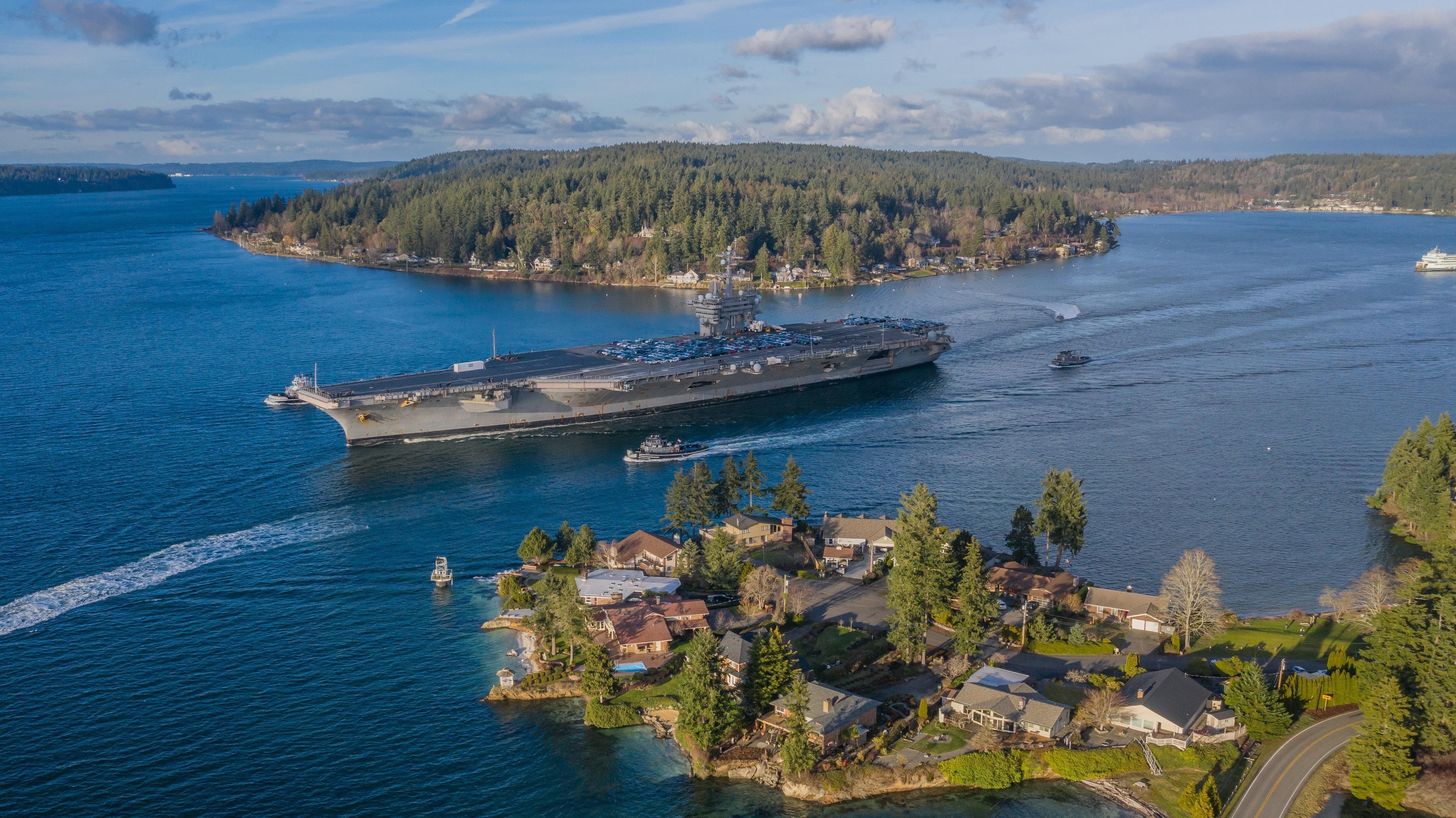 5007x2813 CVN 70 USS Carl Vinson Squeezing Through Puget Sound. Puget Sound