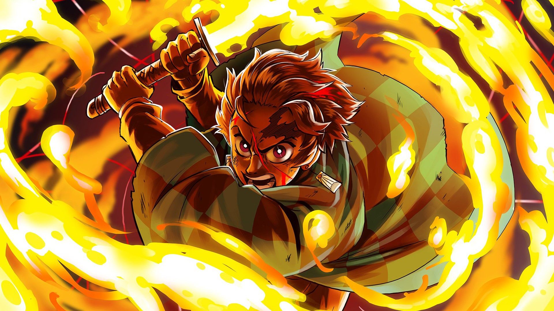 1920x1080 Hinokami Kagura Tanjiro Kamado With Sword HD Demon Slayer Kimetsu no Yaiba Wallpaper