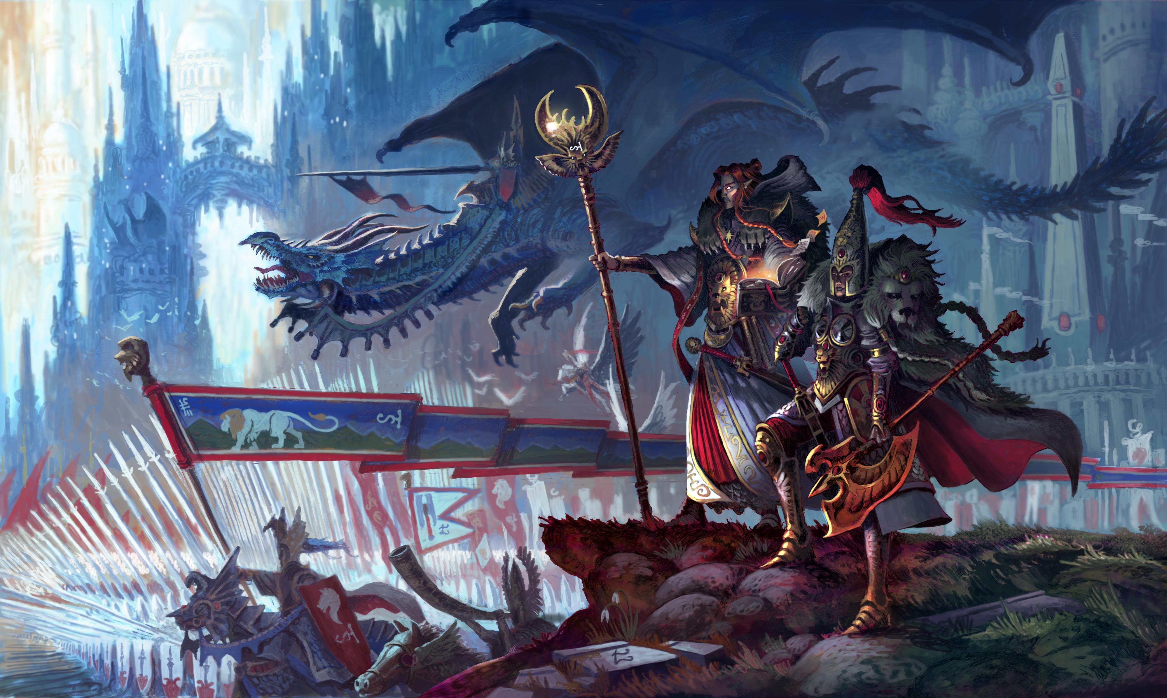 4000x2392 The High Elves march to battle at full strength from their ivory palaces, led by a sybling duo of a Sorcerer and White Lion bodyguard! Warhammer Fantasy Battles fanart, painted