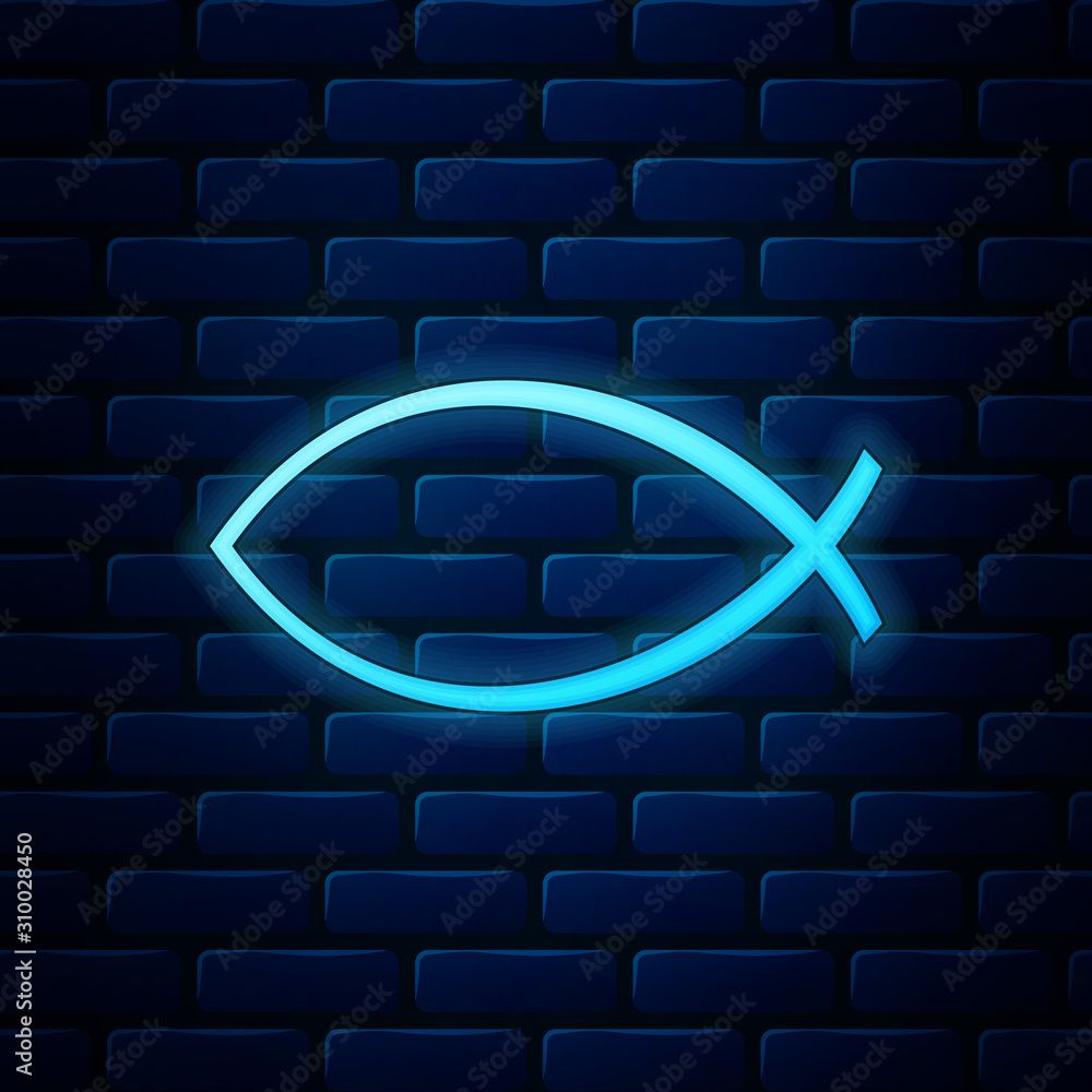 1000x1000 Glowing neon Christian fish symbol icon isolated on brick wall background. Jesus fish symbol. Vector Illustration Stock Vector