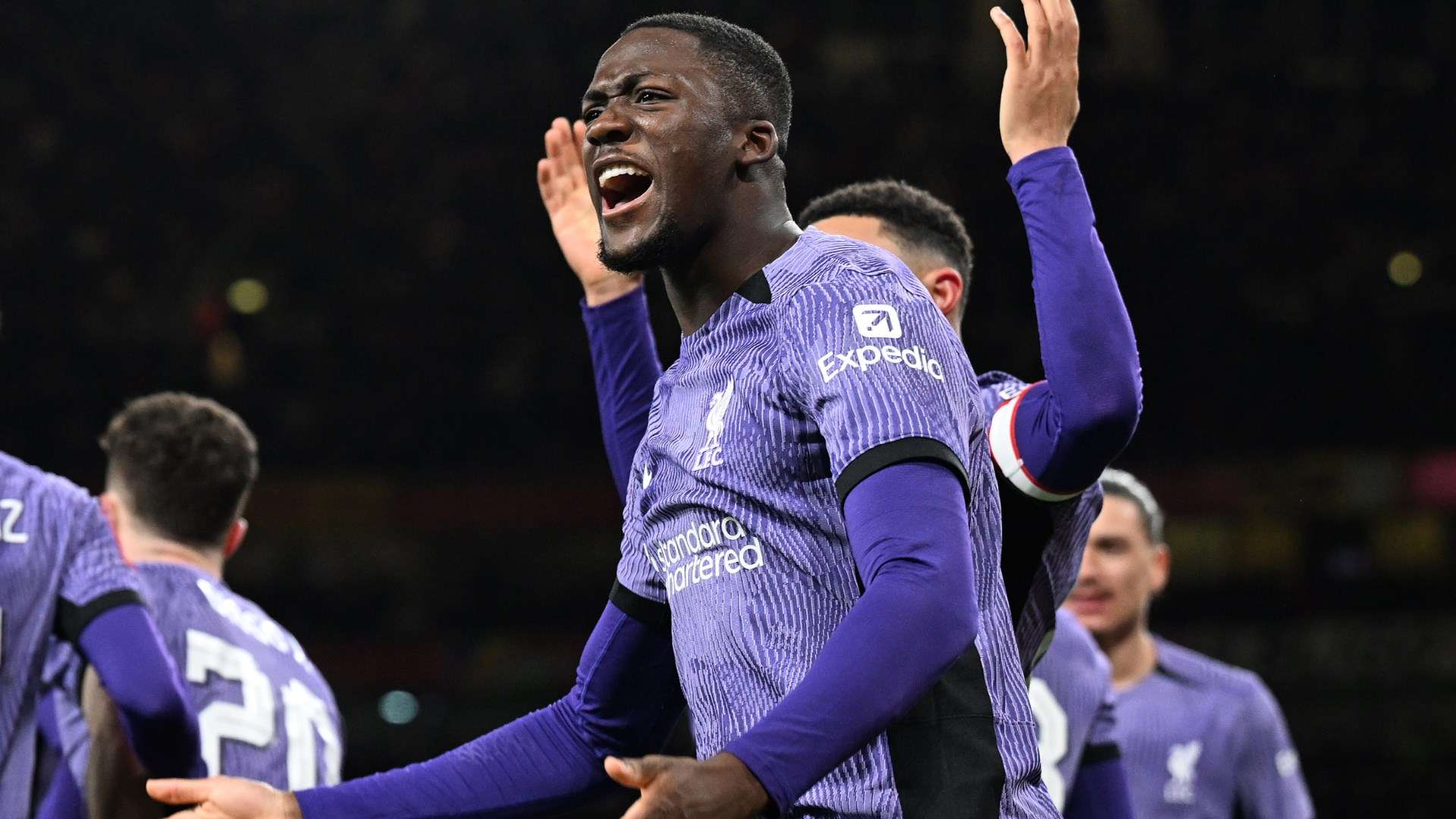 1920x1080 WATCH: Ibrahima Konate Hilariously Rips Off Pitch Invader's Hat & Launches It Back Into Stands As Liverpool Celebrate Late Goal Against Arsenal In Heavyweight FA Cup Third Round Tie. Goal.com English Qatar