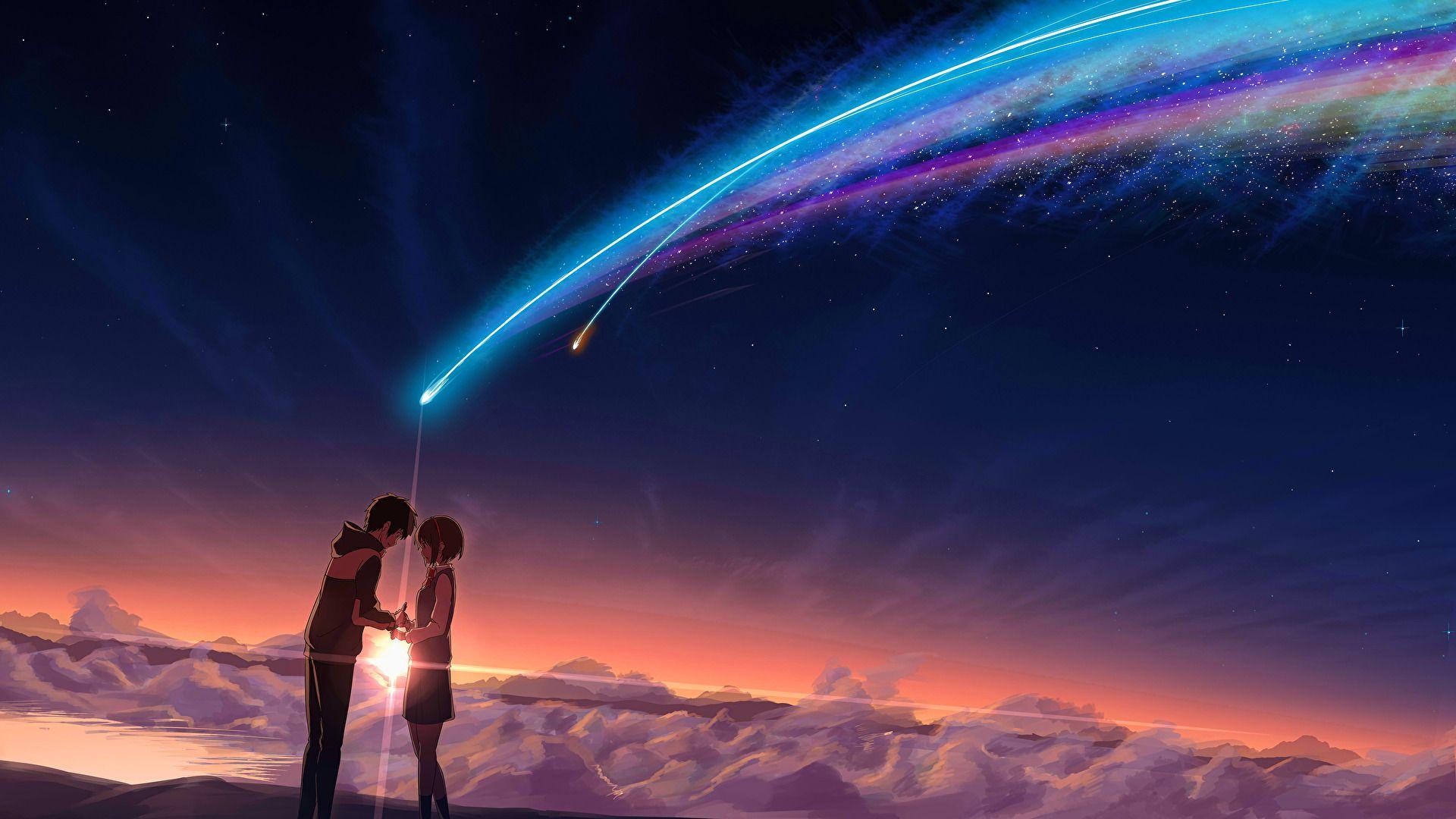 1920x1080 #neon, #sky, #shooting stars, #anime girls, #Kimi no Na Wa, #anime, #stars, wallpaper. Mocah.org HD Wallpaper
