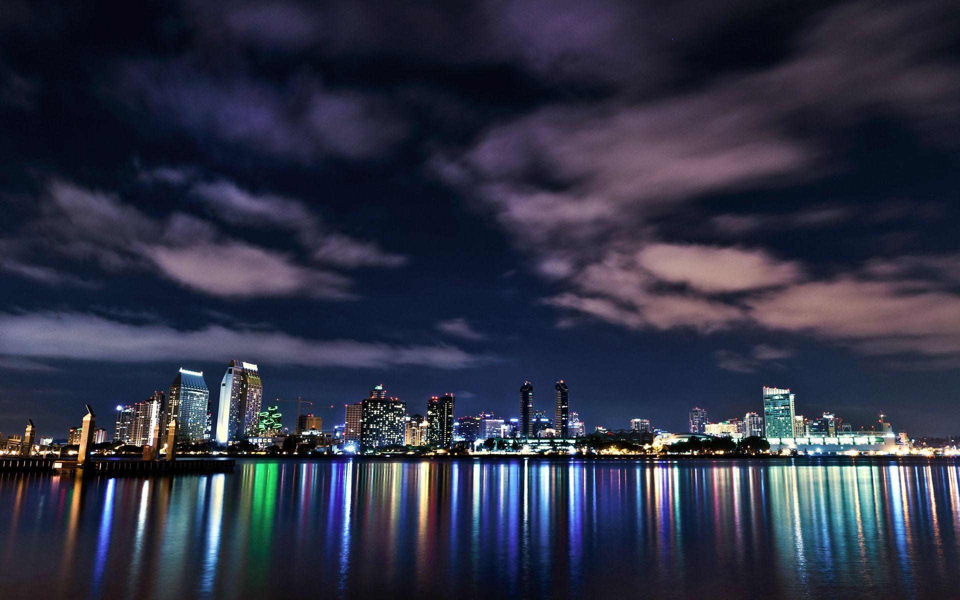 1920x1200 San diego world architecture cities buildings skyscraper night lights window signs neon sky clouds hdr color water bay harbor sound reflection skyline cityscape