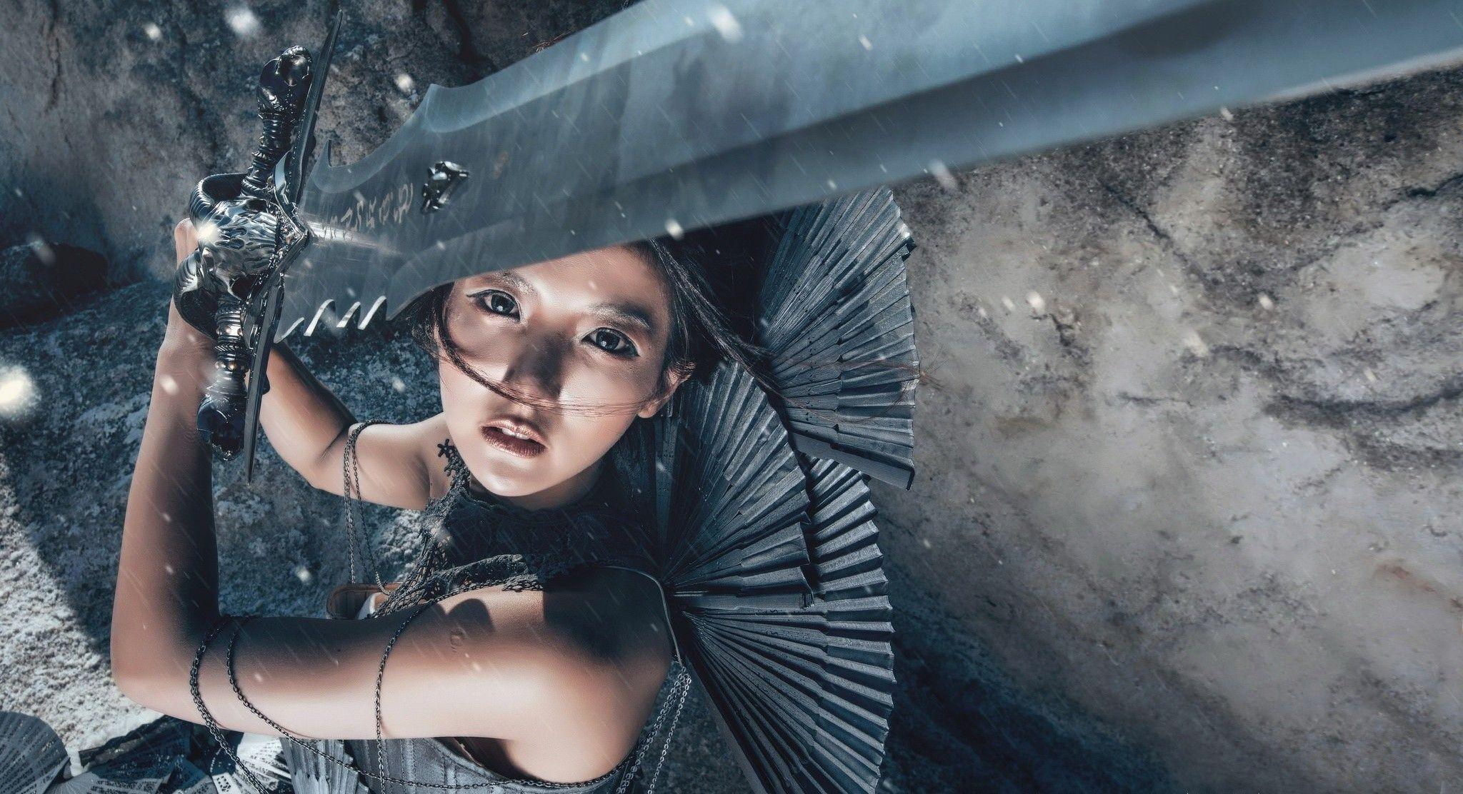 2048x1112 #Frostmourne, #model, #women, #Asian, #sword wallpaper