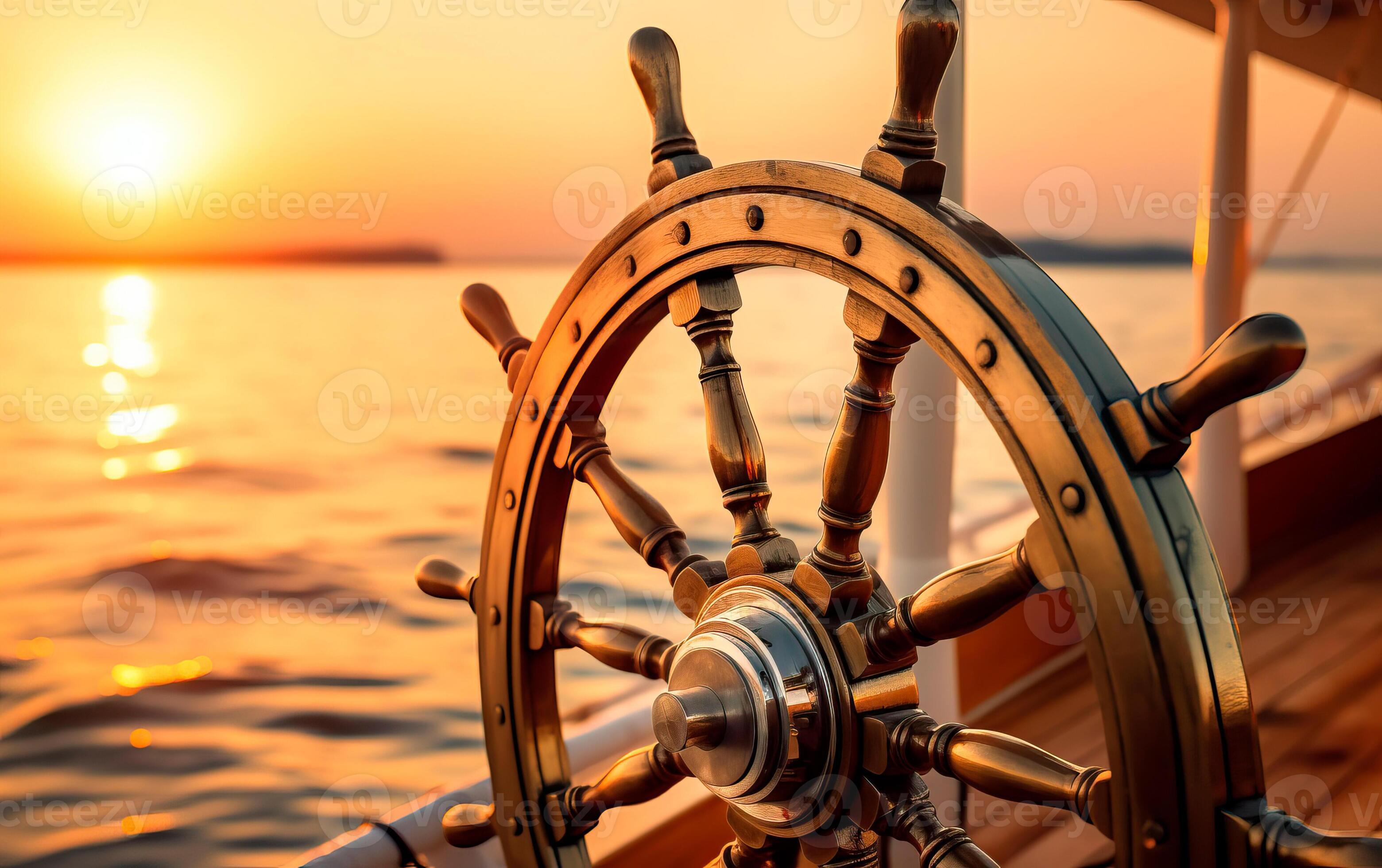 3121x1960 Rudder wheel of a ship and sea horizon in the background at sunset