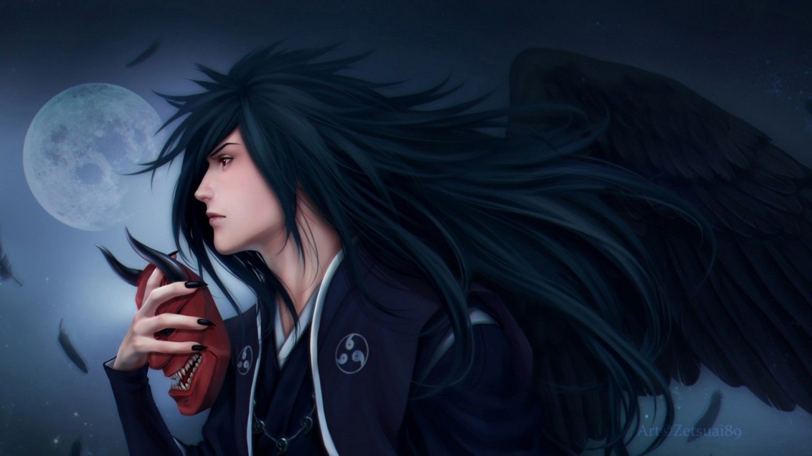 1600x900 Madara Uchiha Long Black Hair With Mask In Moon Sky Background HD Naruto Wallpaper