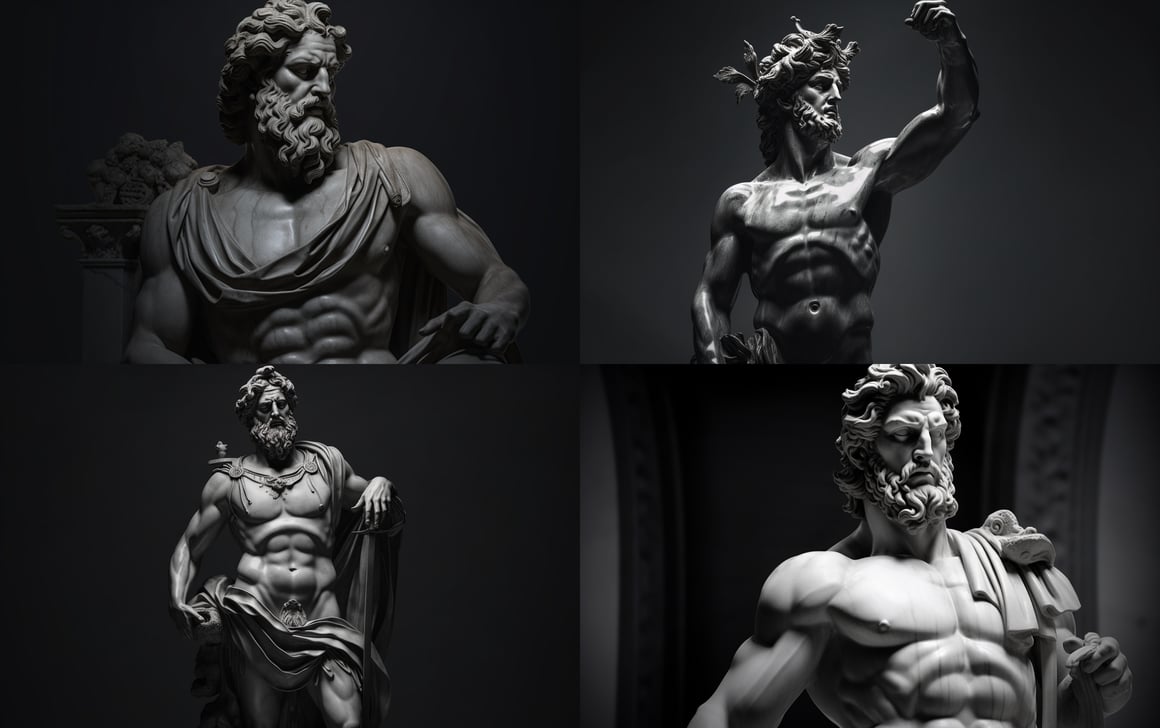 1160x728 Stoic Greek God Statue In Monochrome: Mid Journey Wallpaper Prompt