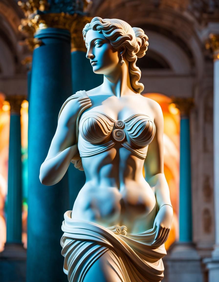 896x1152 Entire body of Venus de Milo sculpture))). Background of ancient Greek palace. bokeh. Hyperrealistic, splash art, concept art, mid shot, i