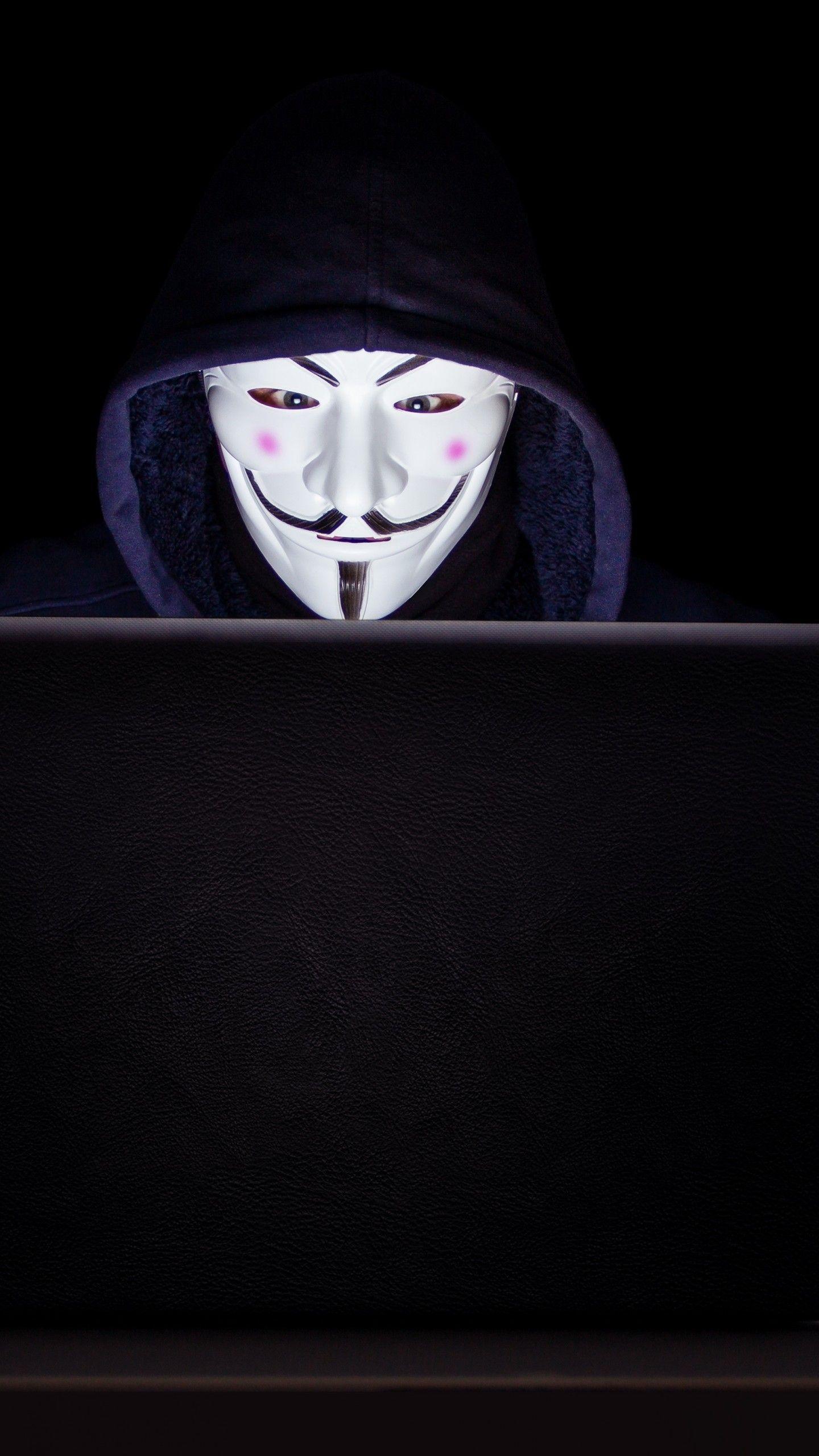 1440x2560 Anonymous 4K Wallpaper, Hacker, Laptop, Black background, 5K