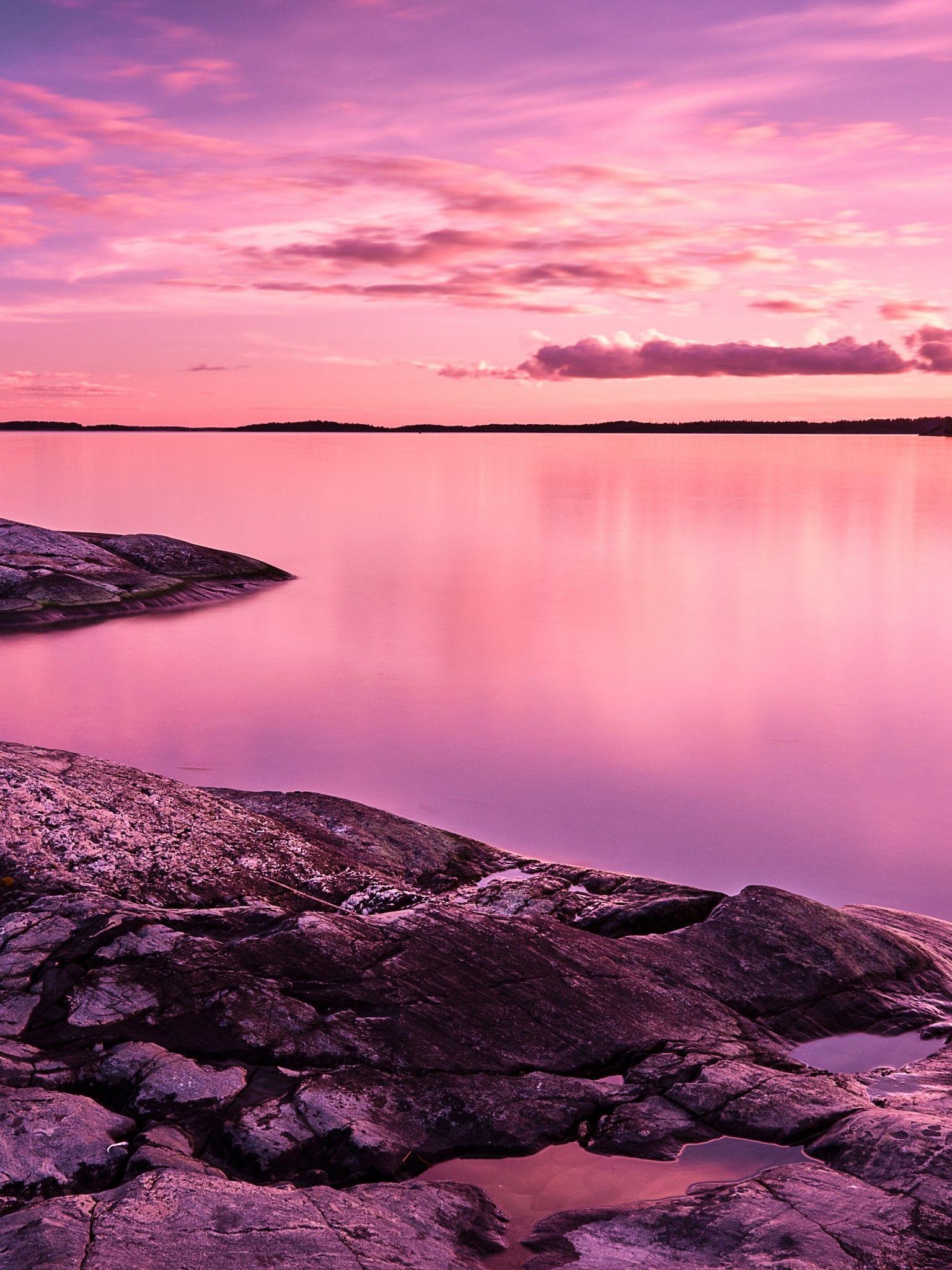 1536x2048 Sunset 4K Wallpaper, Scenery, Lake, Rocks, Pink sky, 8K, Nature