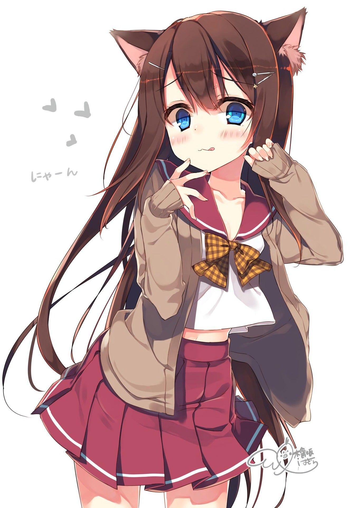 1345x1920 #anime, #cat ears, #red skirt, #blue eyes, #school uniform