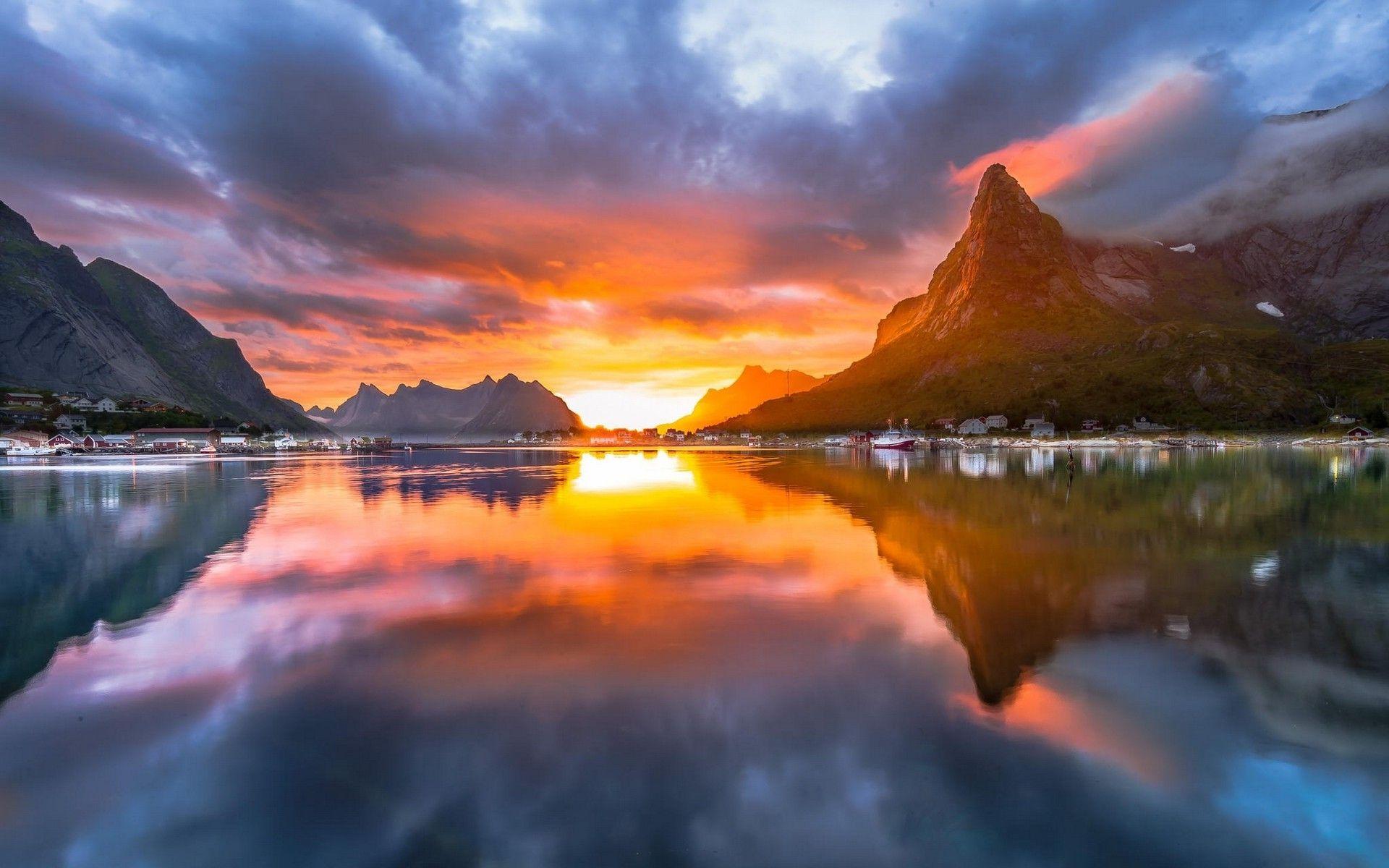 1920x1200 landscape, Nature, Midnight, Sun, Sky, Norway, Summer, Fjord