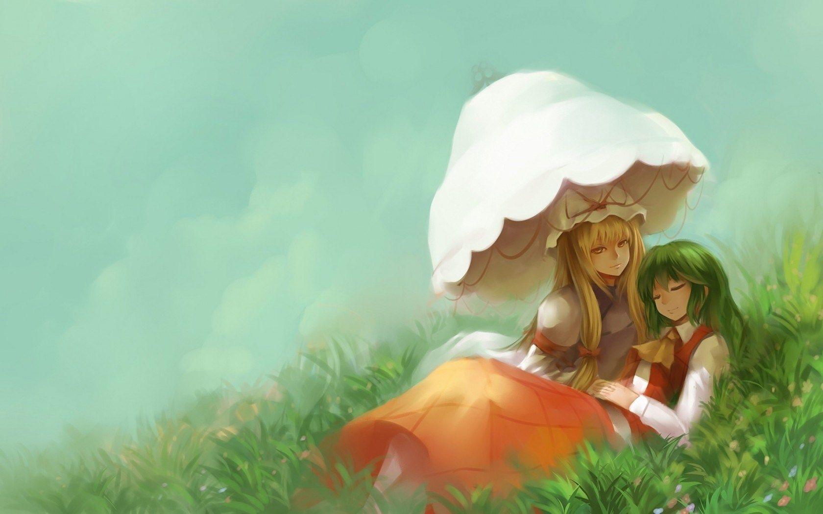 1680x1050 Girls Grass Umbrella Art Anime