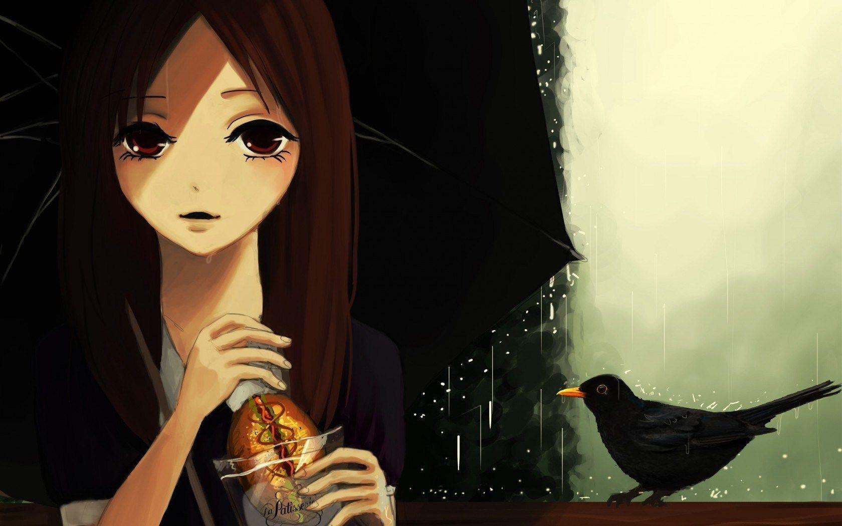 1680x1050 Art Girl Umbrella Rain Bird