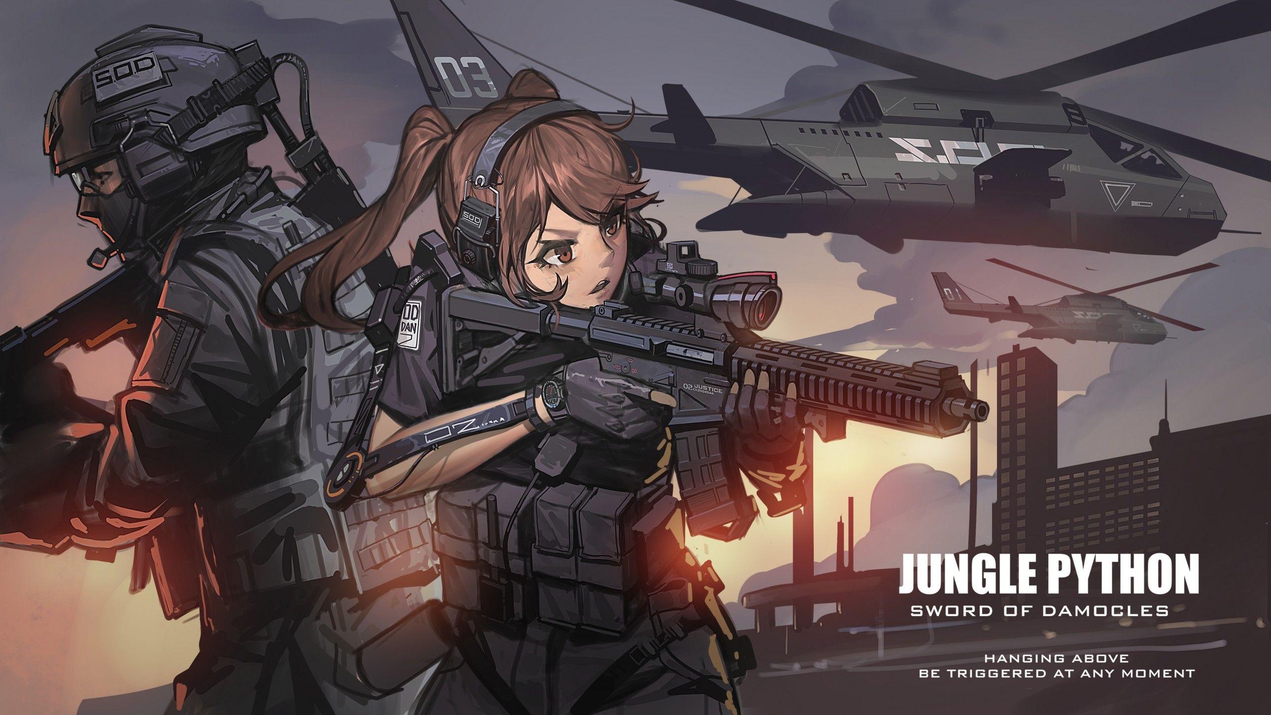 2560x1440 Download 2560x1440 Anime Military Girl, Combat Vehicle, Headphones