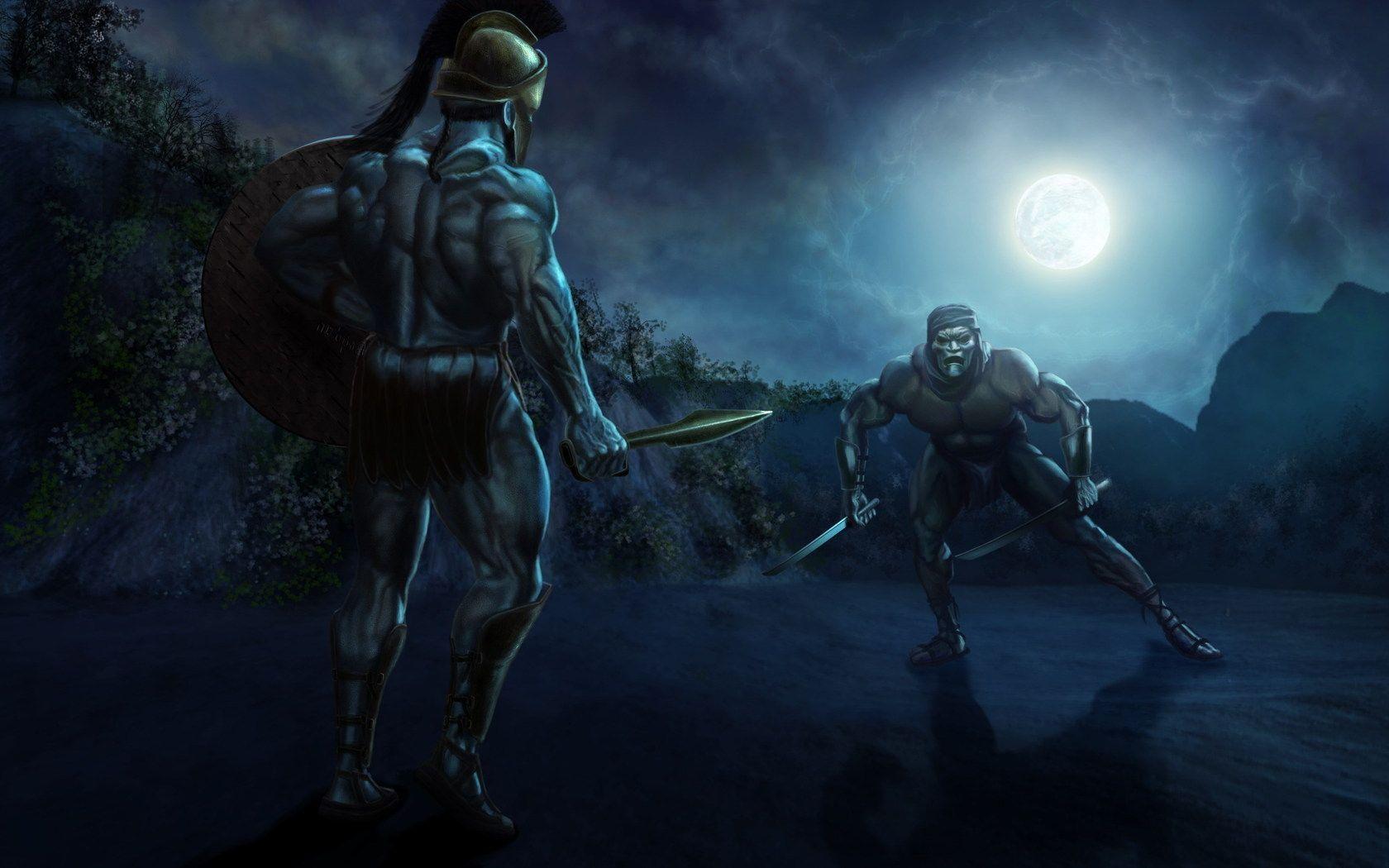 1680x1050 Art, night, Warrior, Men, duel, Roman, sword, shield, mask