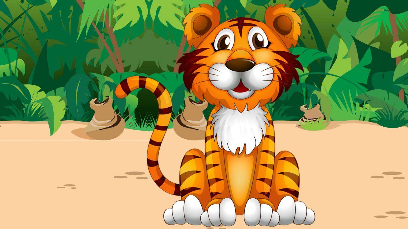 1366x768 Cute Tiger Jungle Plant Cartoon Picture Pretty Desktop HD