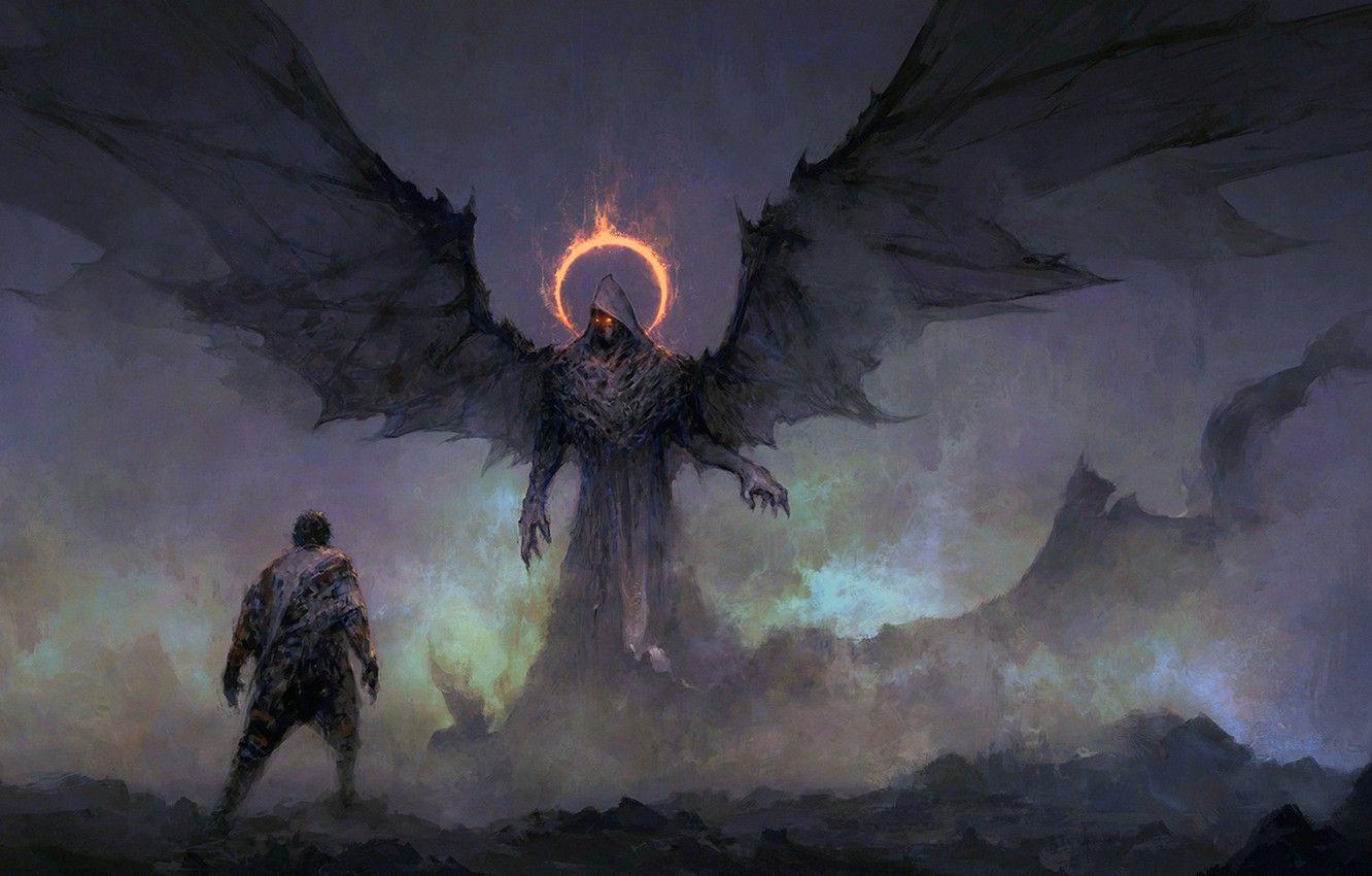 1332x850 Wallpaper dark, fantasy, wings, red eyes, man, digital art