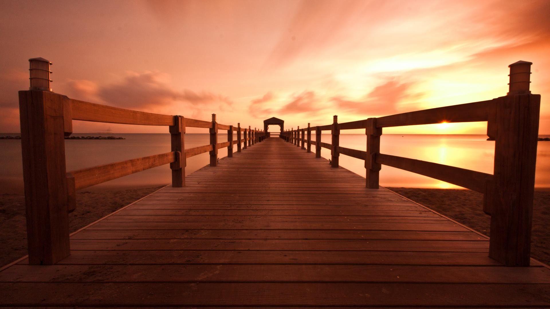 1920x1080 Sunset: Sea Pier Sunset Clouds Nature Wallpaper Background for HD 16