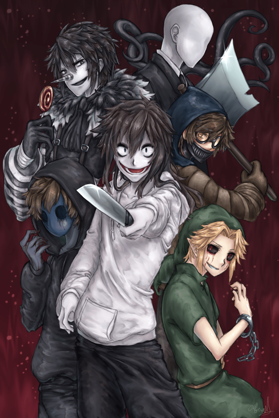 921x1382 slender man, jeff the killer, ben drowned, ticcy toby, laughing jack, and 1 more (creepypasta) drawn
