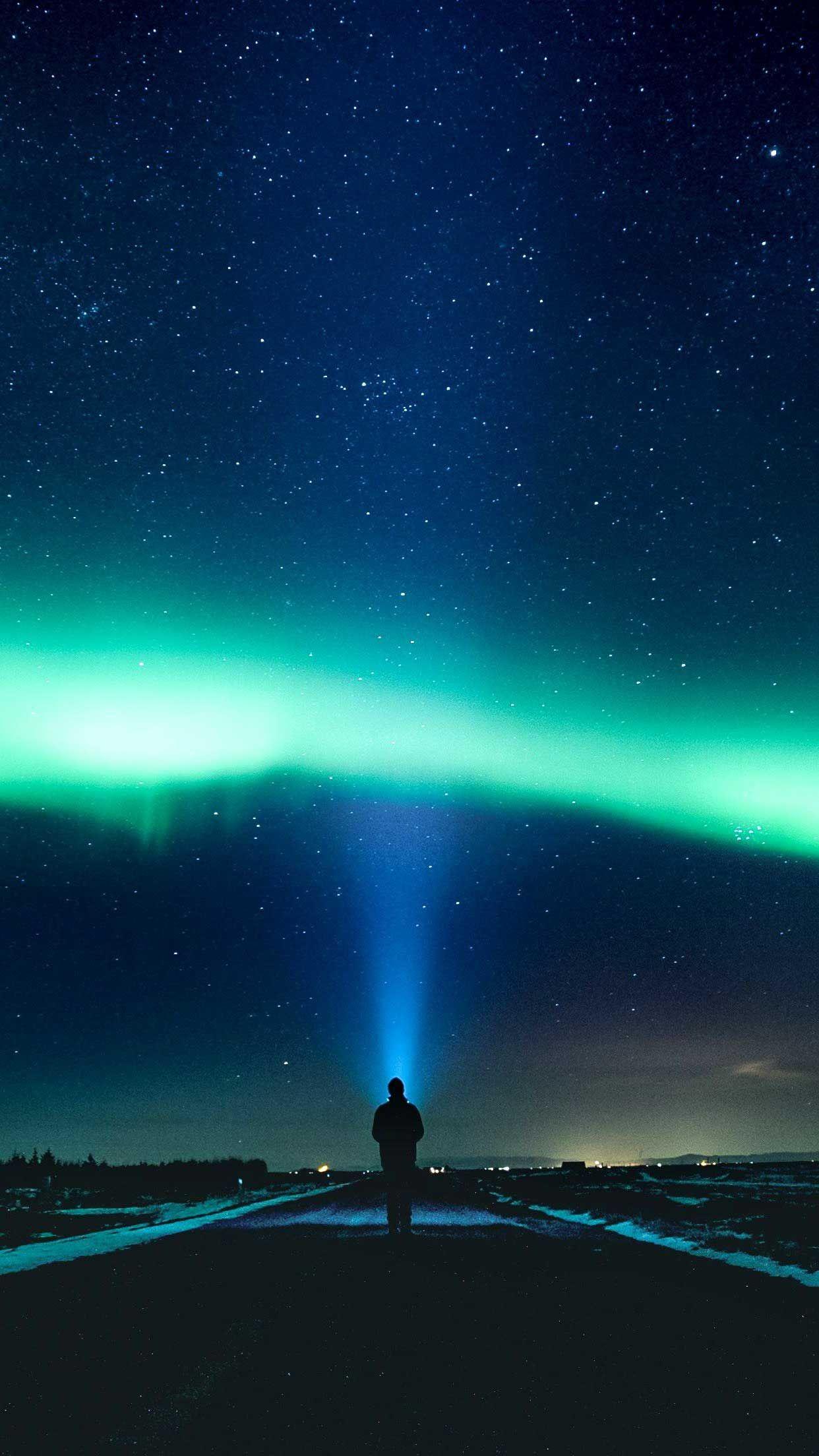 1242x2208 Aurora sky road man alone o iPhone Wallpaper HD. Aurora