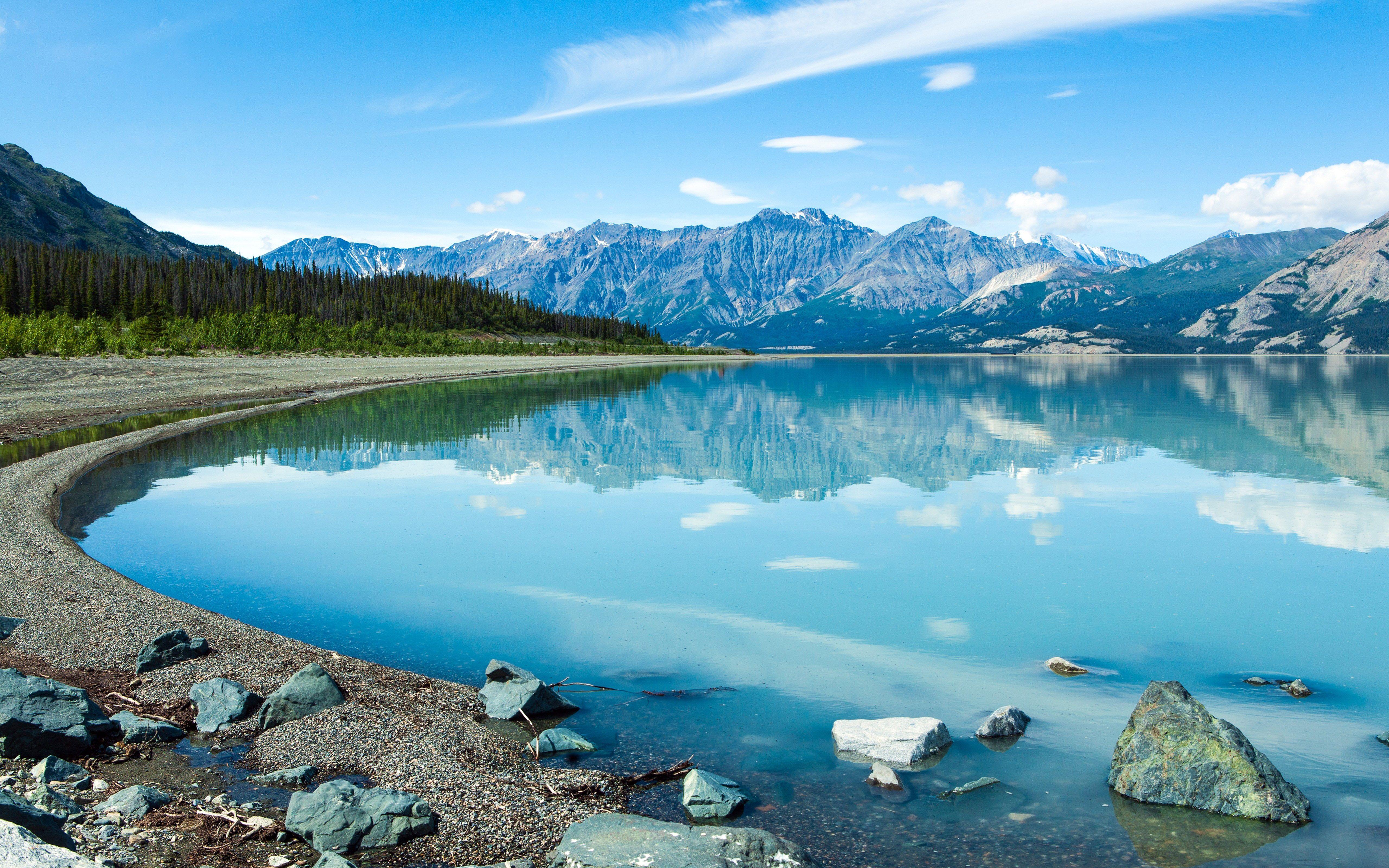 5120x3200 Canada Yukon Blue Lake Reflection In Water Mountain Rocks HD