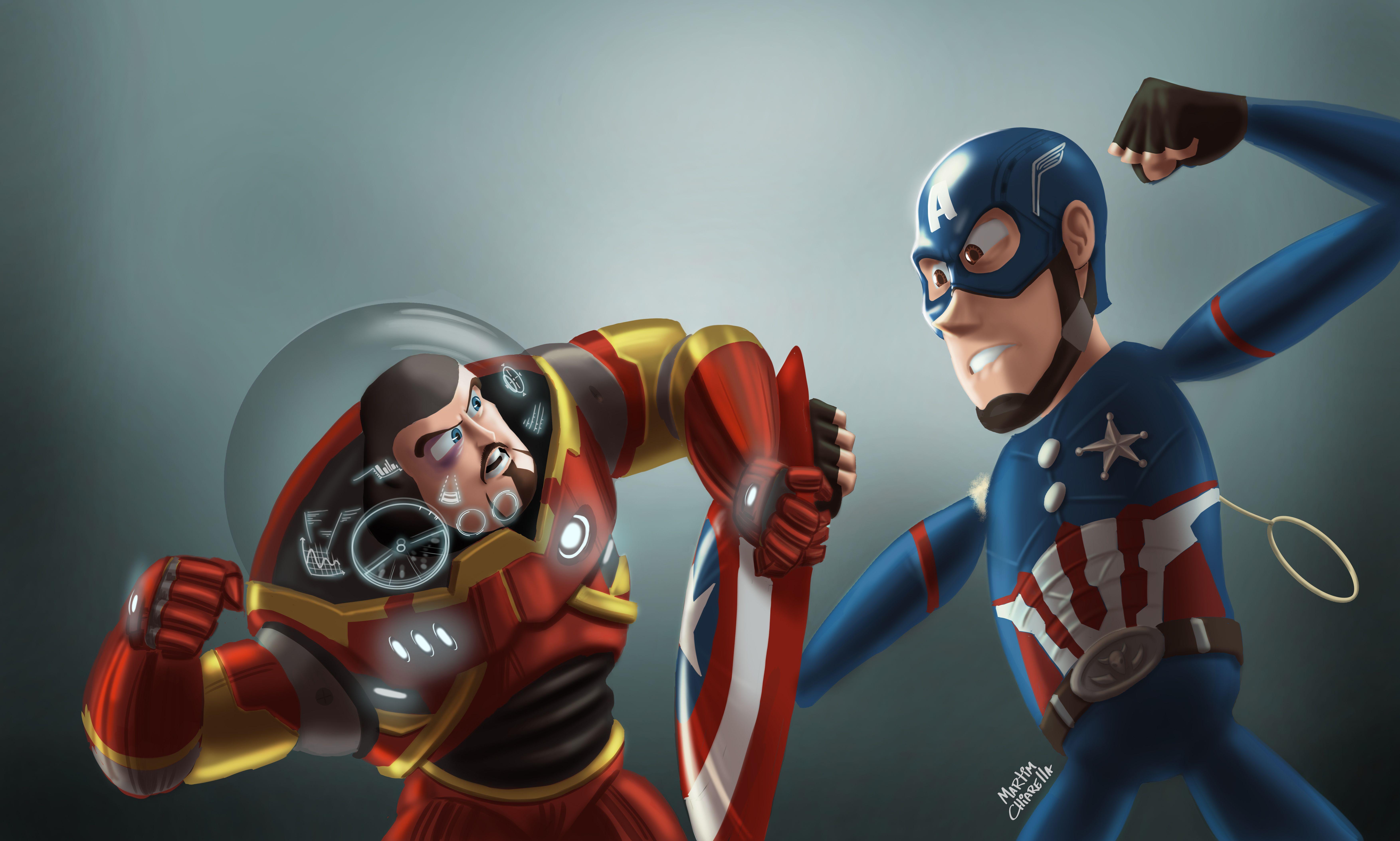 7014x4216 Buzz Lightyear As Iron Man And Sheriff Woody As Captain America
