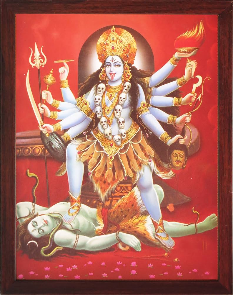 792x1000 Amazon.com Goddess Maa Kali Killing Lord Shiva, a Hindu Religious Poster Painting with Frame for Worship