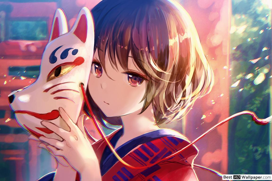 1152x768 Anime Girl Fox Mask HD wallpaper download